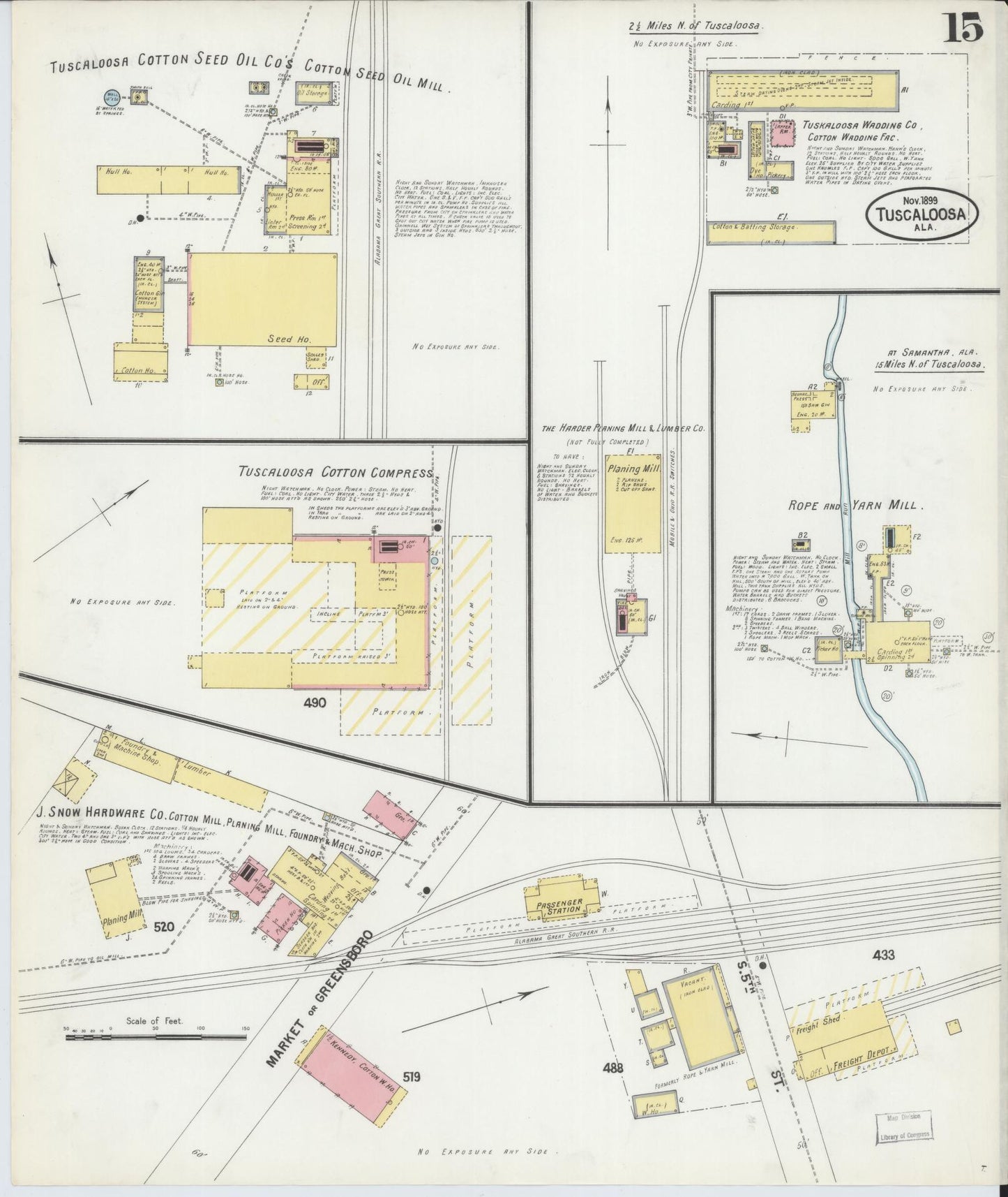 Sanborn Fire Insurance Map from Tuscaloosa, Tuscaloosa County, Alabama (1899), Sheet #0015 - Complete Map Set gallery image, historic Sanborn map, vintage wall art, Alabama Alabama