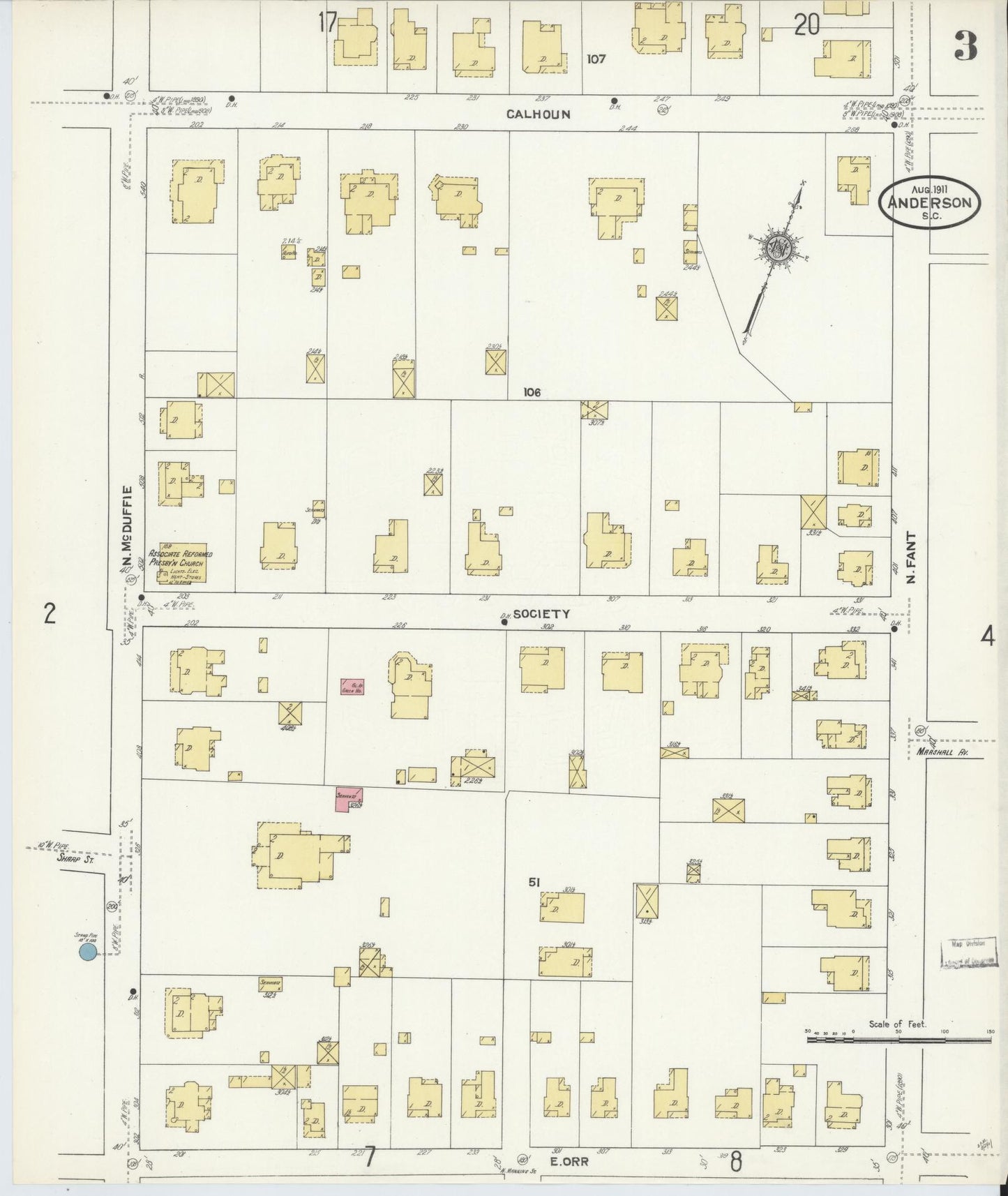 Sanborn Fire Insurance Map from Anderson, Anderson County, South Carolina (1911), Sheet #0003 - Complete Map Set gallery image, historic Sanborn map, vintage wall art, South Carolina South Carolina