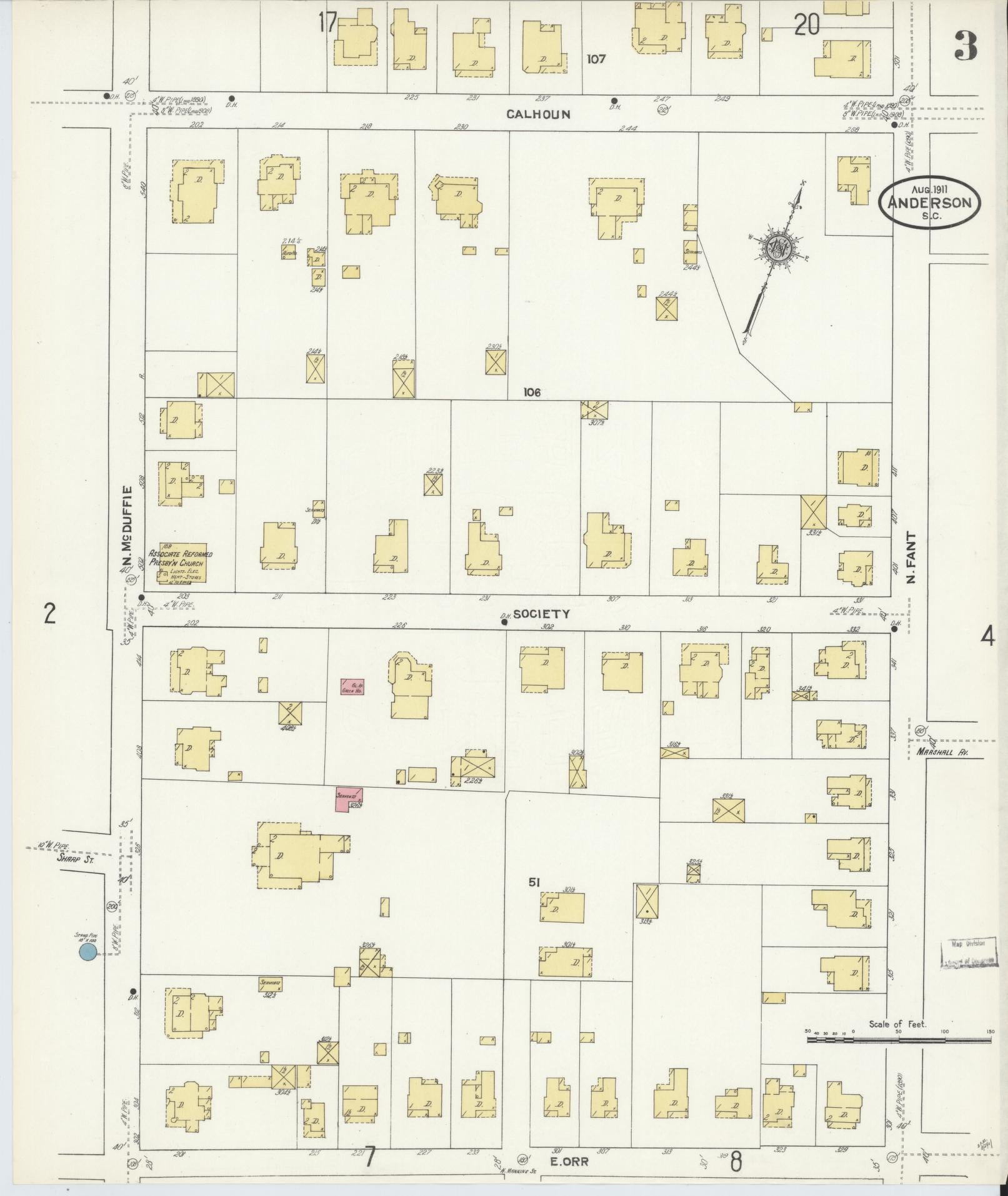 Sanborn Fire Insurance Map from Anderson, Anderson County, South Carolina (1911), Sheet #0003 - Complete Map Set gallery image, historic Sanborn map, vintage wall art, South Carolina South Carolina
