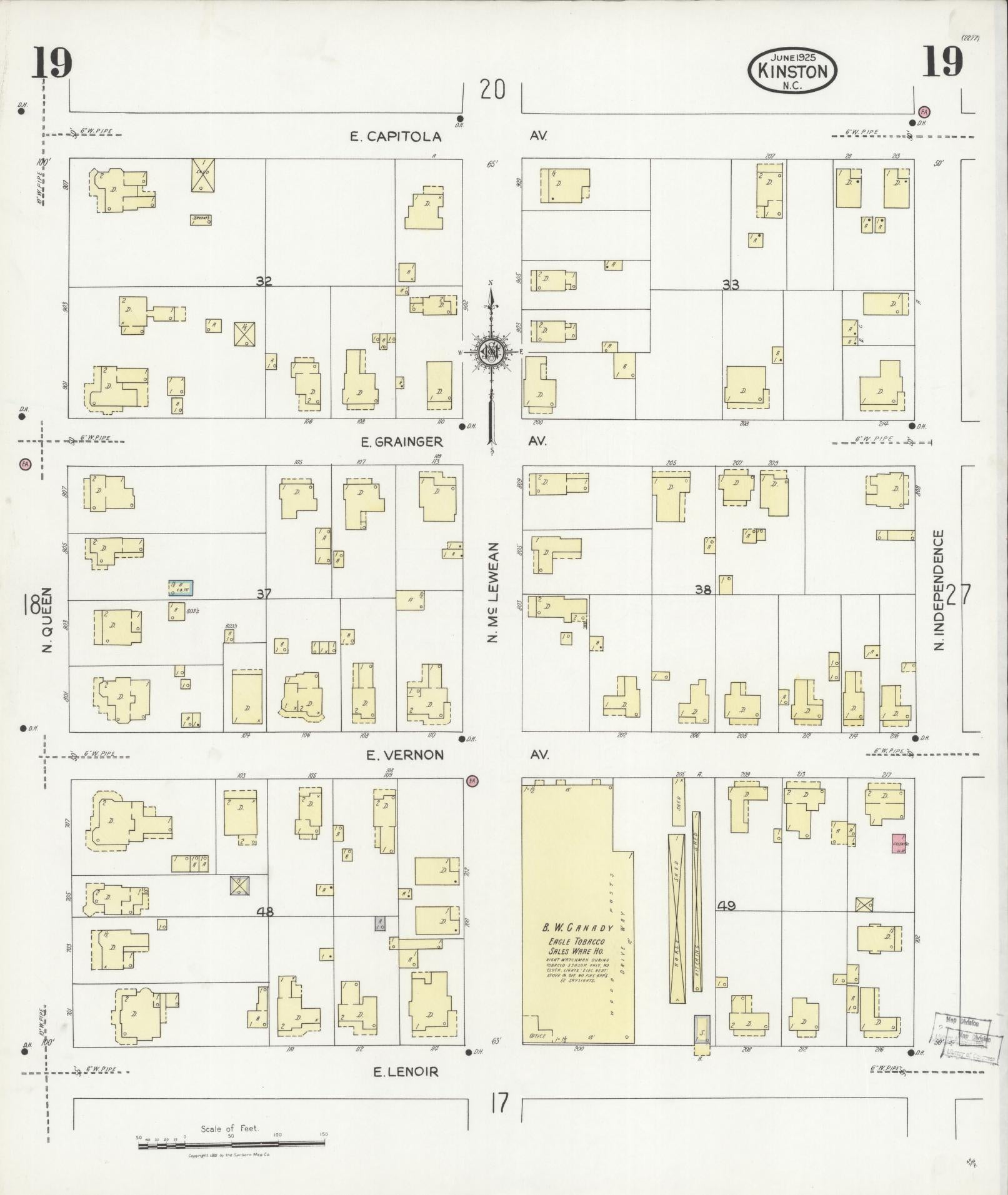 Sanborn Fire Insurance Map from Kinston, Lenoir County, North Carolina (1925), Sheet #0019 - Historic Sanborn Fire Insurance Map Print, vintage old map wall art, antique decor, genealogy gift, North Carolina North Carolina map