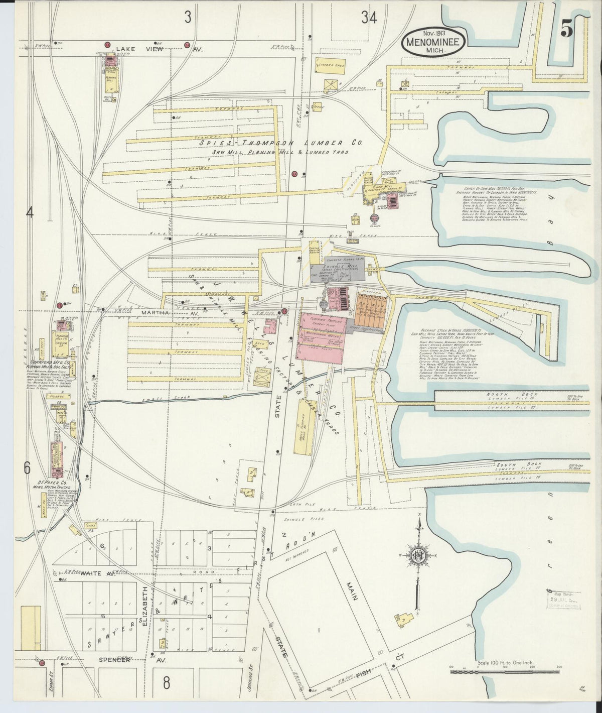Sanborn Fire Insurance Map from Menominee, Menominee County, Michigan (1913), Sheet #0005 - Historic Sanborn Fire Insurance Map Print, vintage old map wall art, antique decor, genealogy gift, Michigan Michigan map