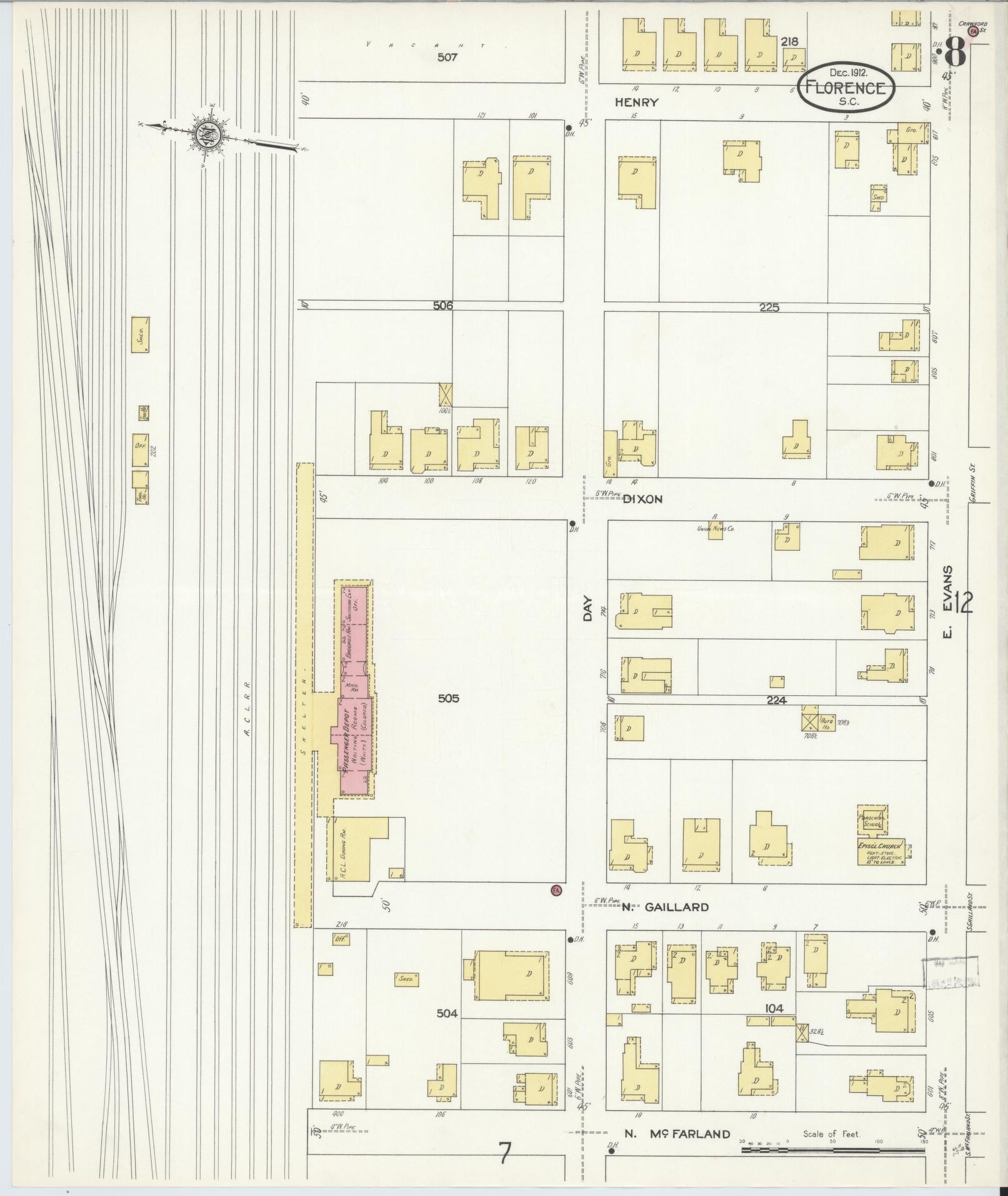 Sanborn Fire Insurance Map from Florence, Florence County, South Carolina (1912), Sheet #0008 - Complete Map Set gallery image, historic Sanborn map, vintage wall art, South Carolina South Carolina
