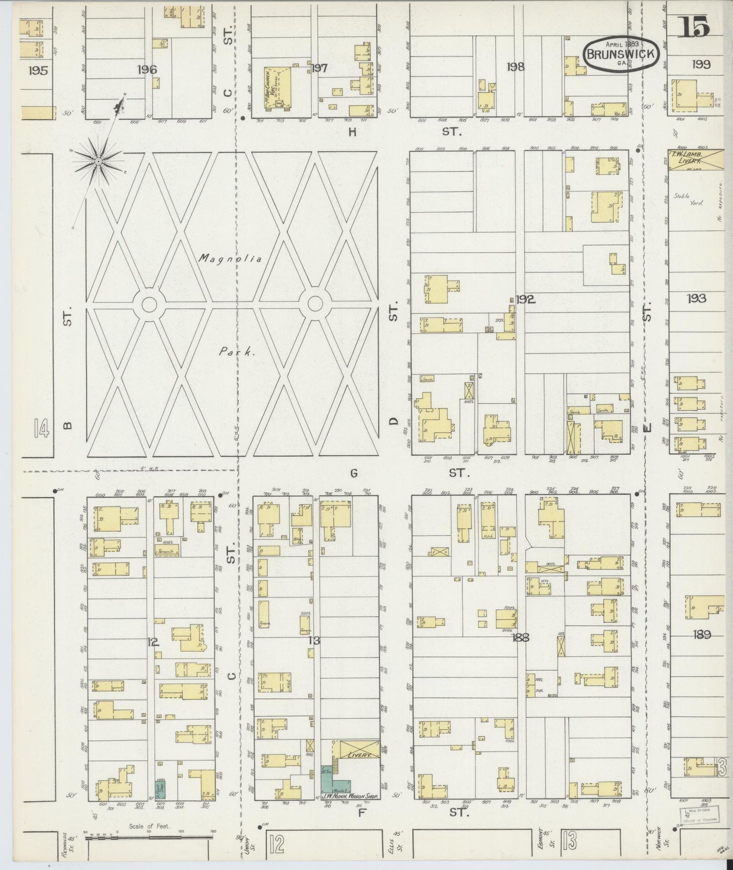 Sanborn Fire Insurance Map from Brunswick, Glynn County, Georgia (1893), Sheet #0015 - Complete Map Set gallery image, historic Sanborn map, vintage wall art, Georgia Georgia