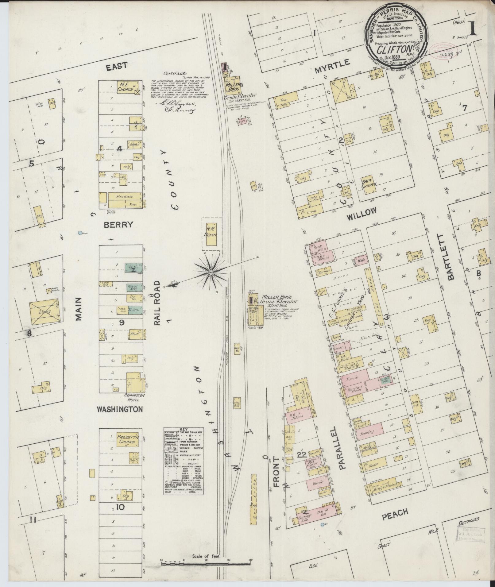 Sanborn Fire Insurance Map from Clifton, Washington and Clay Counties, Kansas (1889), Sheet #0001 - Complete Map Set gallery image, historic Sanborn map, vintage wall art, Kansas Kansas