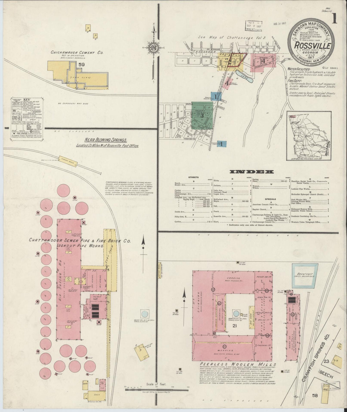 Sanborn Fire Insurance Map from Rossville, Walker County, Georgia (1917), Sheet #0001 - Historic Sanborn Fire Insurance Map Print, vintage old map wall art, antique decor, genealogy gift, Georgia Georgia map