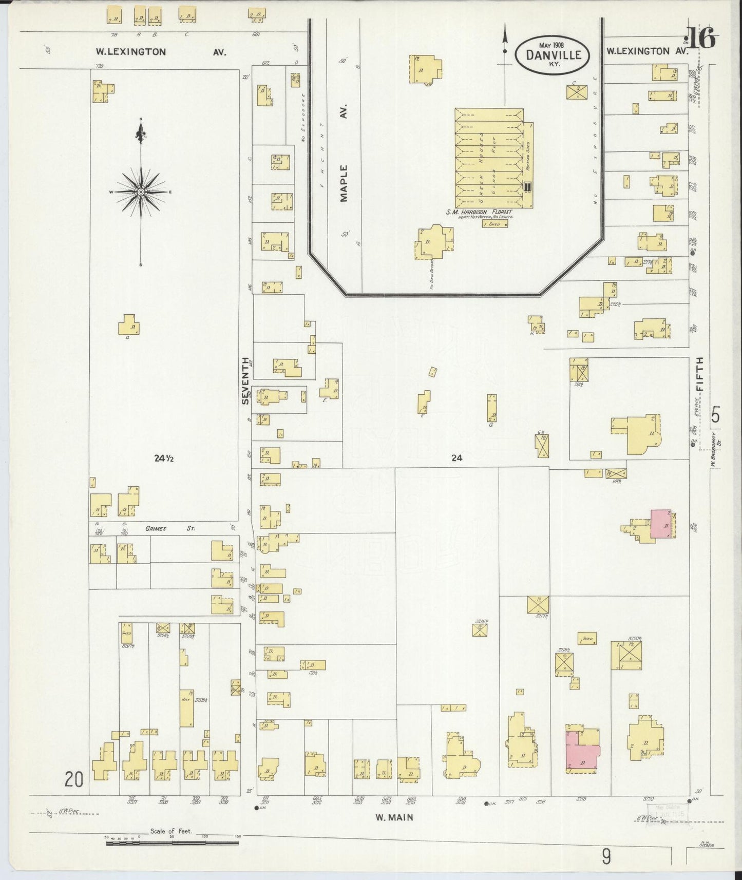 Sanborn Fire Insurance Map from Danville, Boyle County, Kentucky (1908), Sheet #0016 - Complete Map Set gallery image, historic Sanborn map, vintage wall art, Kentucky Kentucky
