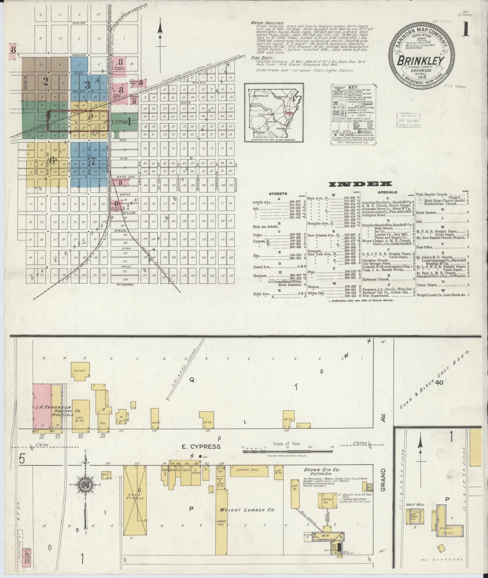 Sanborn Fire Insurance Map from Brinkley, Monroe County, Arkansas (1919), Sheet #0001 - Historic Sanborn Fire Insurance Map Print, vintage old map wall art, antique decor, genealogy gift, Arkansas Arkansas map