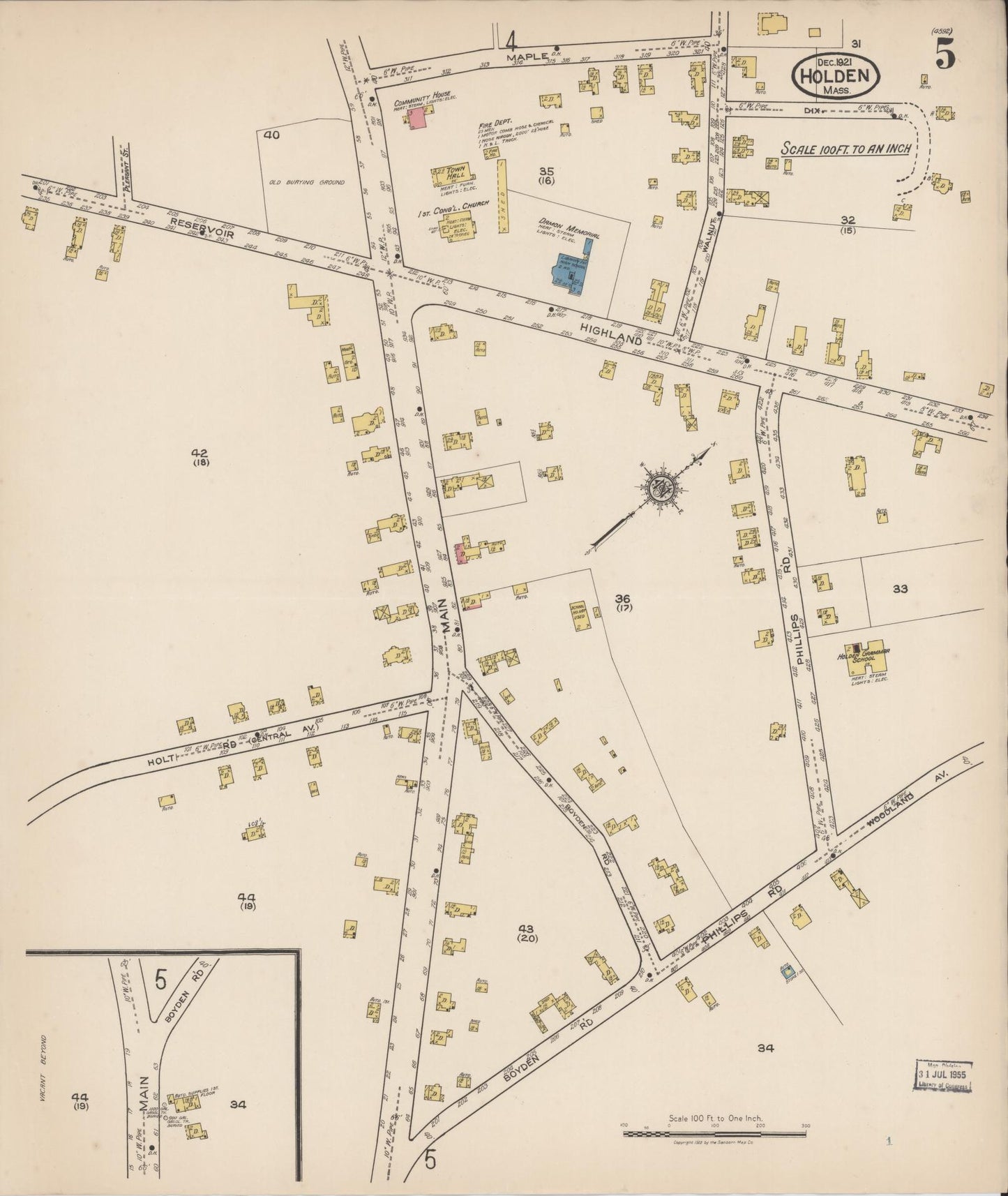 Sanborn Fire Insurance Map from Holden, Worcester County, Massachusetts (1921), Sheet #0005 - Historic Sanborn Fire Insurance Map Print, vintage old map wall art, antique decor, genealogy gift, Massachusetts Massachusetts map