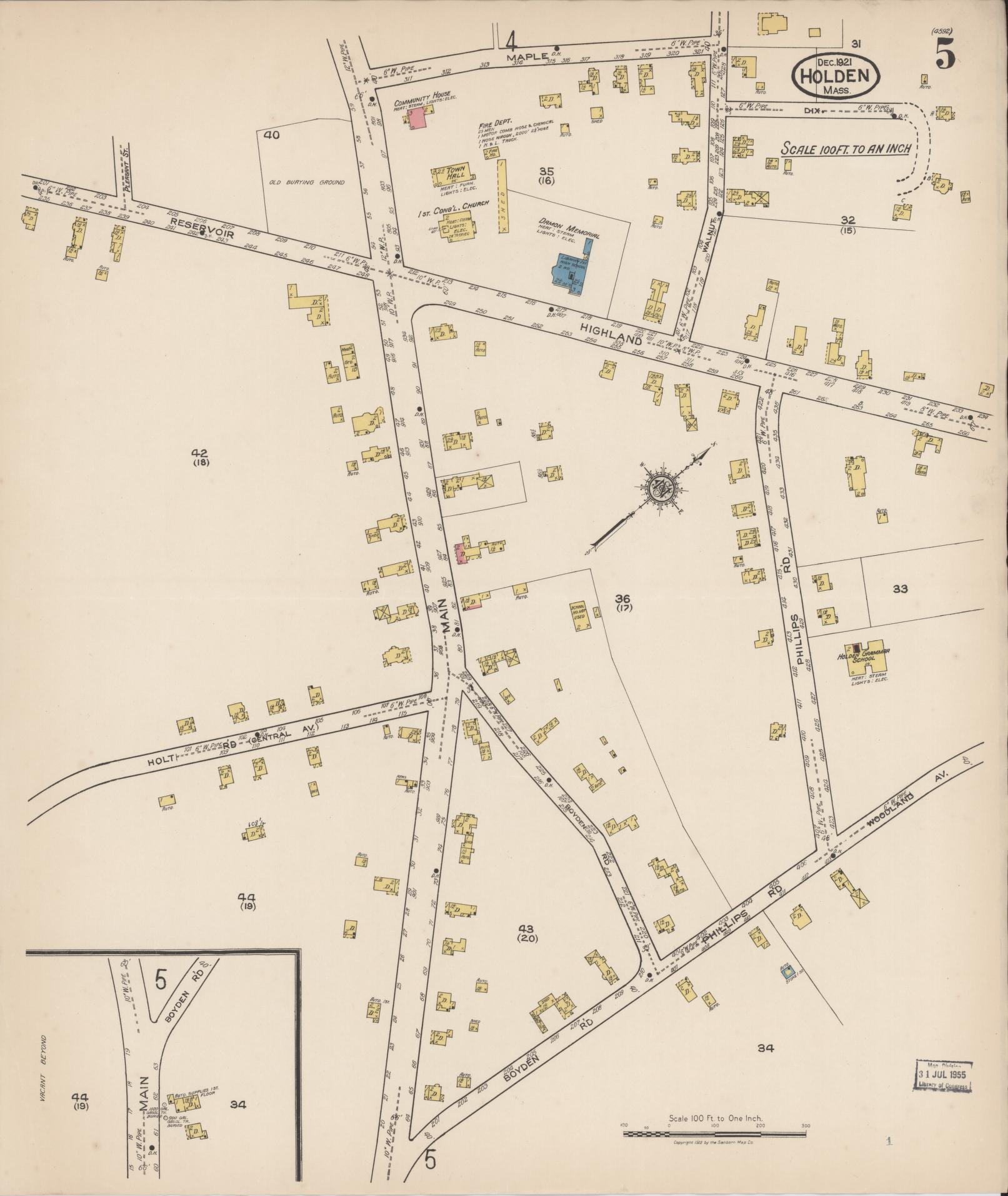 Sanborn Fire Insurance Map from Holden, Worcester County, Massachusetts (1921), Sheet #0005 - Historic Sanborn Fire Insurance Map Print, vintage old map wall art, antique decor, genealogy gift, Massachusetts Massachusetts map