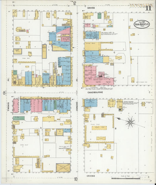 Sanborn Fire Insurance Map from San Angelo, Tom Green County, Texas (1904), Sheet #0011 - Historic Sanborn Fire Insurance Map Print, vintage old map wall art, antique decor, genealogy gift, Texas Texas map