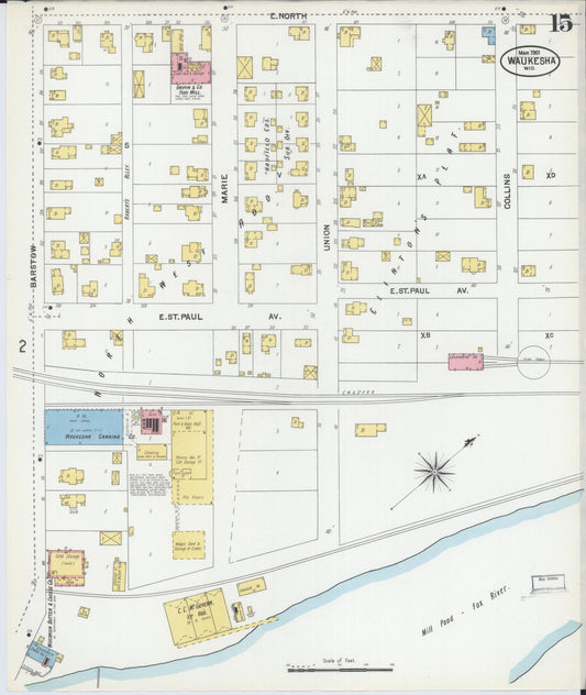 Sanborn Fire Insurance Map from Waukesha, Waukesha County, Wisconsin (1901), Sheet #0015 - Historic Sanborn Fire Insurance Map Print, vintage old map wall art, antique decor, genealogy gift, Wisconsin Wisconsin map