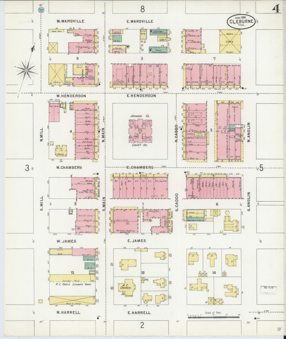 Sanborn Fire Insurance Map from Cleburne, Johnson County, Texas (1898), Sheet #0004 - Complete Map Set gallery image, historic Sanborn map, vintage wall art, Texas Texas