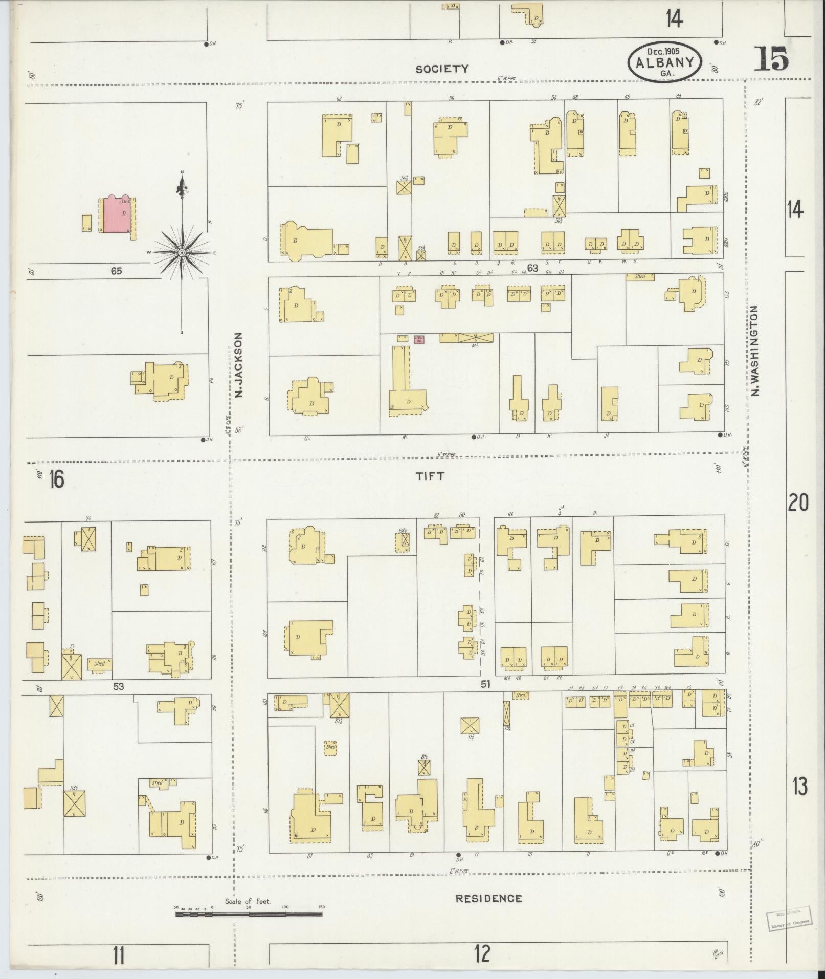 Sanborn Fire Insurance Map from Albany, Dougherty County, Georgia (1905), Sheet #0015 - Historic Sanborn Fire Insurance Map Print, vintage old map wall art, antique decor, genealogy gift, Georgia Georgia map