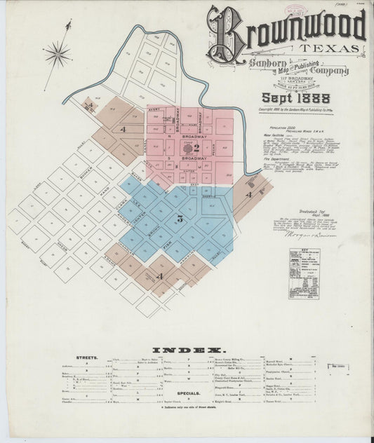 Sanborn Fire Insurance Map from Brownwood, Brown County, Texas (1888), Sheet #0001 - Complete Map Set gallery image, historic Sanborn map, vintage wall art, Texas Texas