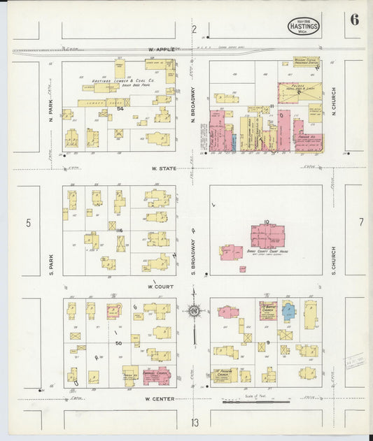 Sanborn Fire Insurance Map from Hastings, Barry County, Michigan (1916), Sheet #0006 - Historic Sanborn Fire Insurance Map Print, vintage old map wall art, antique decor, genealogy gift, Michigan Michigan map