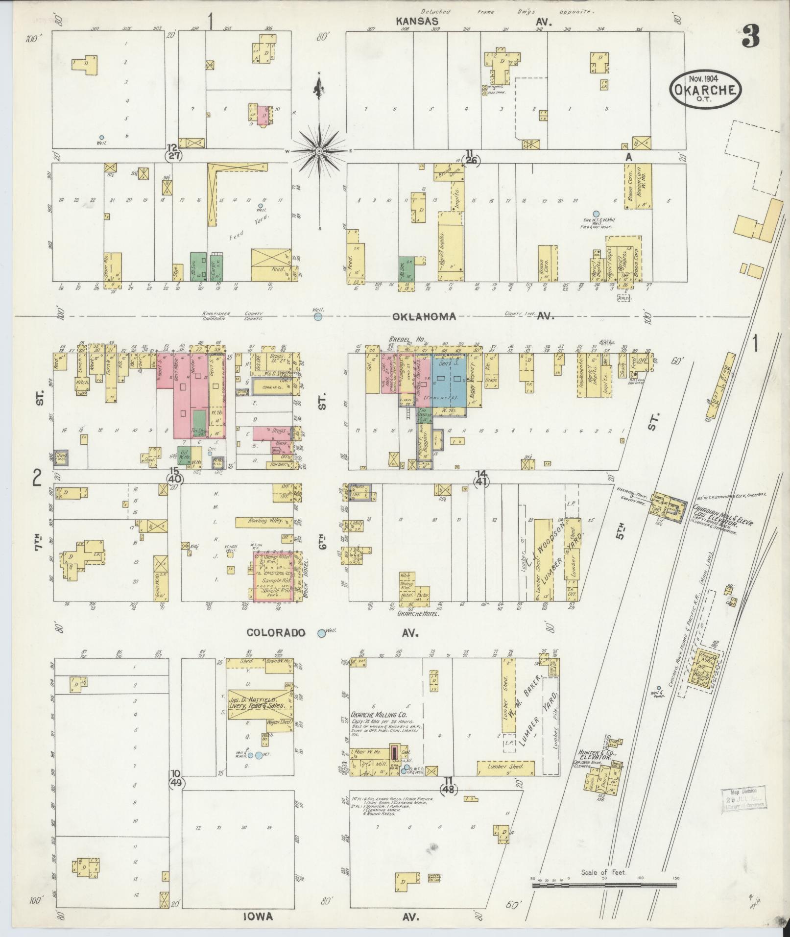 Sanborn Fire Insurance Map from Okarche, Kingfisher and Canadian Counties, Oklahoma (1904), Sheet #0003 - Historic Sanborn Fire Insurance Map Print, vintage old map wall art, antique decor, genealogy gift, Oklahoma Oklahoma map