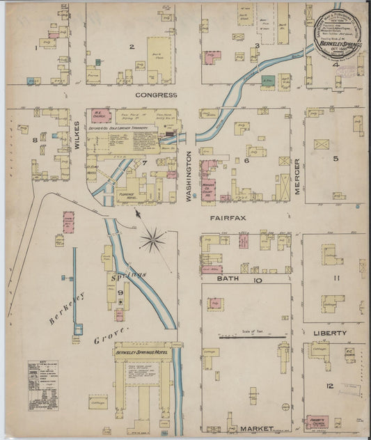 Sanborn Fire Insurance Map from Berkeley Springs, Morgan County, West Virginia (1885), Sheet #0001 - Historic Sanborn Fire Insurance Map Print, vintage old map wall art, antique decor, genealogy gift, West Virginia West Virginia map