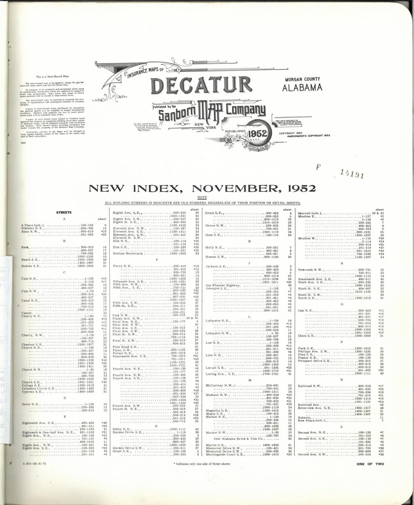 Sanborn Fire Insurance Map from Decatur, Morgan County, Alabama (1953), Sheet #0001 - Historic Sanborn Fire Insurance Map Print, vintage old map wall art, antique decor, genealogy gift, Alabama Alabama map