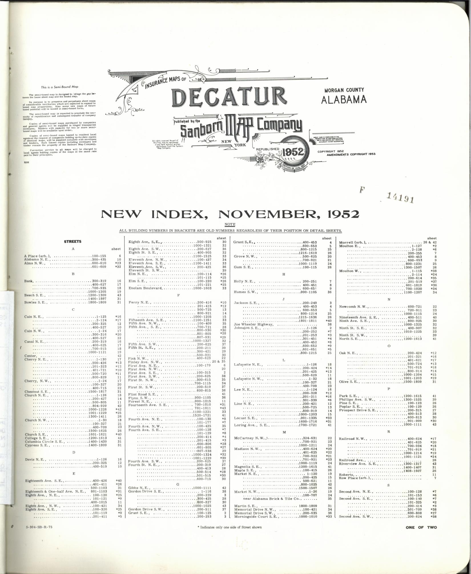 Sanborn Fire Insurance Map from Decatur, Morgan County, Alabama (1953), Sheet #0001 - Historic Sanborn Fire Insurance Map Print, vintage old map wall art, antique decor, genealogy gift, Alabama Alabama map