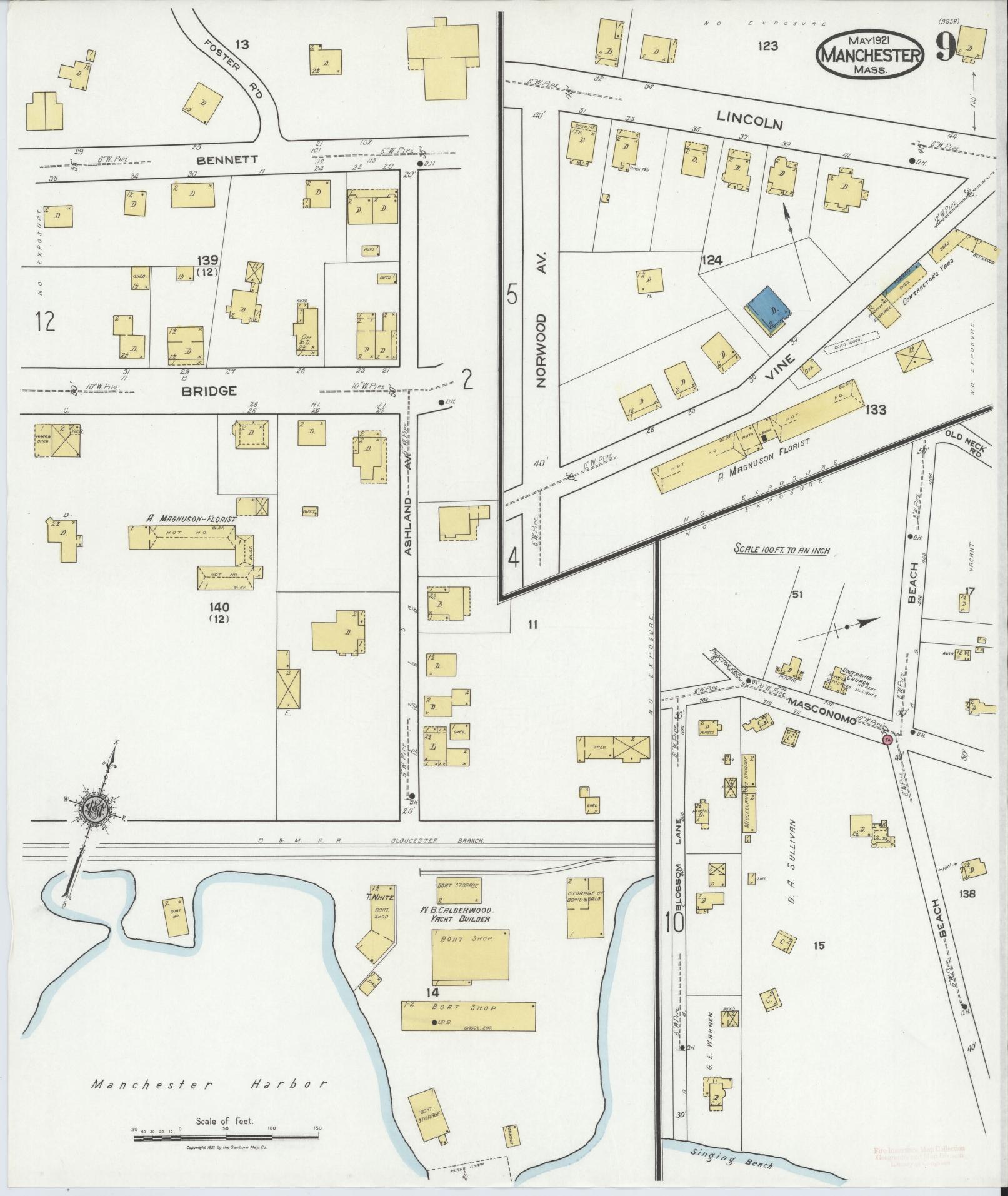 Sanborn Fire Insurance Map from Manchester, Essex County, Massachusetts (1921), Sheet #0009 - Historic Sanborn Fire Insurance Map Print, vintage old map wall art, antique decor, genealogy gift, Massachusetts Massachusetts map