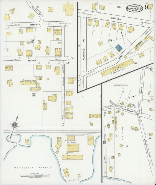 Sanborn Fire Insurance Map from Manchester, Essex County, Massachusetts (1921), Sheet #0009 - Historic Sanborn Fire Insurance Map Print, vintage old map wall art, antique decor, genealogy gift, Massachusetts Massachusetts map