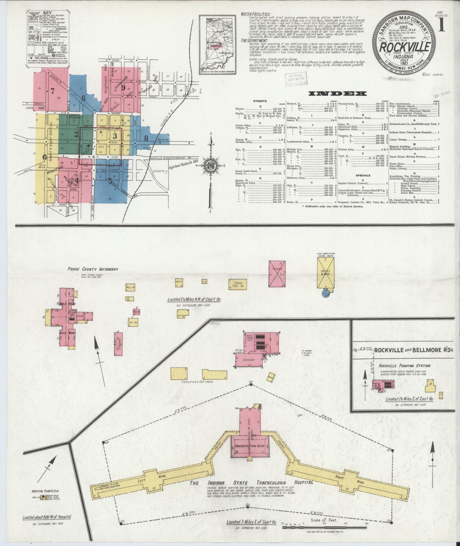 Sanborn Fire Insurance Map from Rockville, Parke County, Indiana (1921), Sheet #0001 - Historic Sanborn Fire Insurance Map Print, vintage old map wall art, antique decor, genealogy gift, Indiana Indiana map