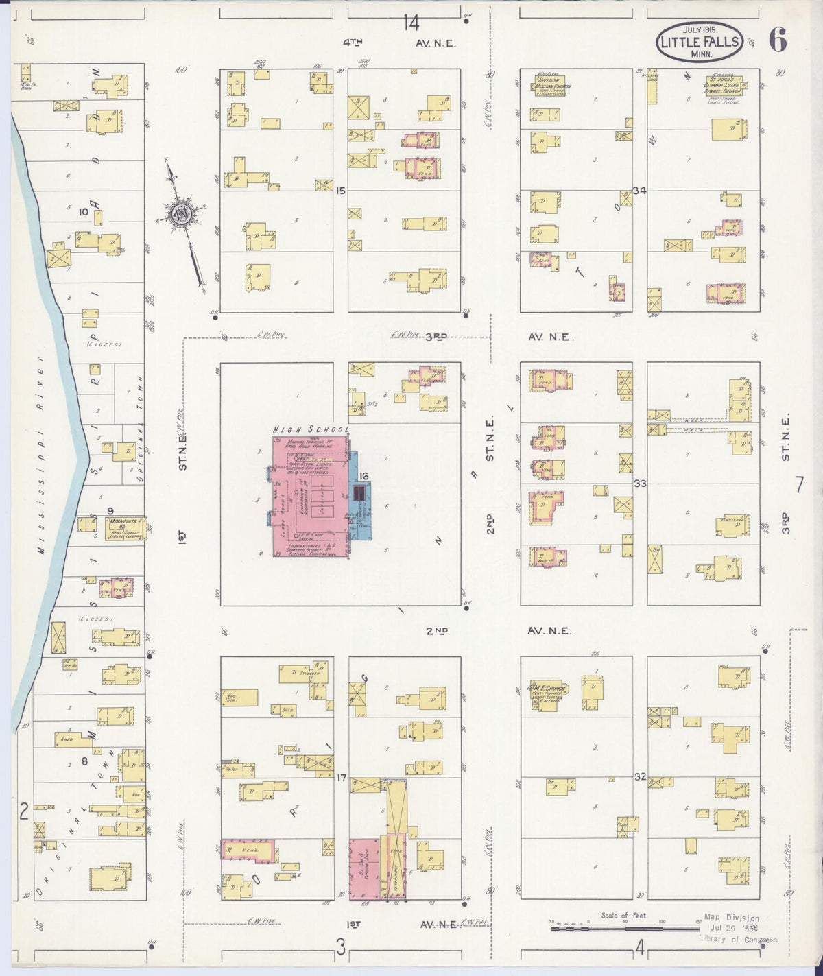 Sanborn Fire Insurance Map from Little Falls, Morrison County, Minnesota (1915), Sheet #0006 - Complete Map Set gallery image, historic Sanborn map, vintage wall art, Minnesota Minnesota