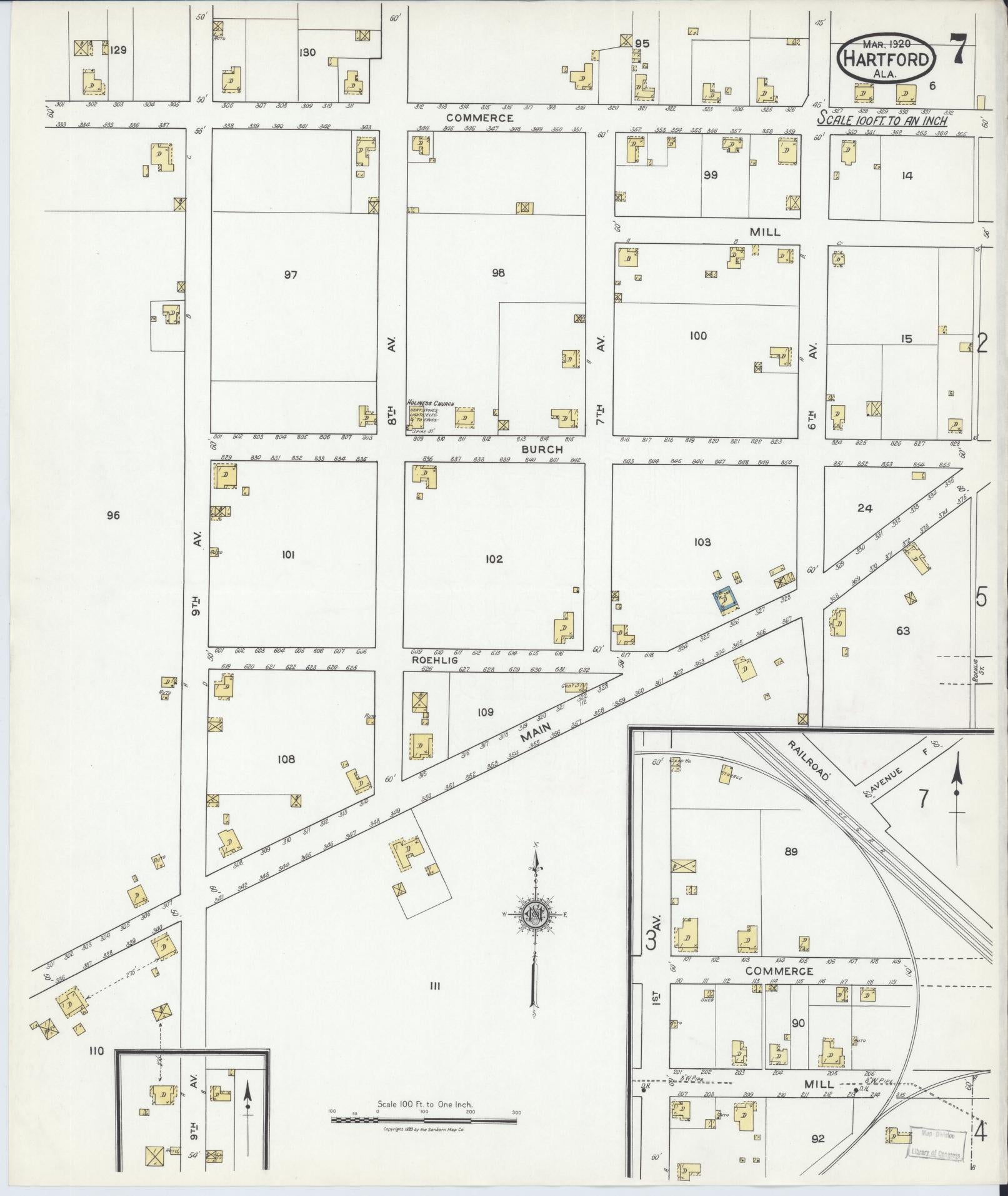 Sanborn Fire Insurance Map from Hartford, Geneva County, Alabama (1920), Sheet #0007 - Historic Sanborn Fire Insurance Map Print, vintage old map wall art, antique decor, genealogy gift, Alabama Alabama map