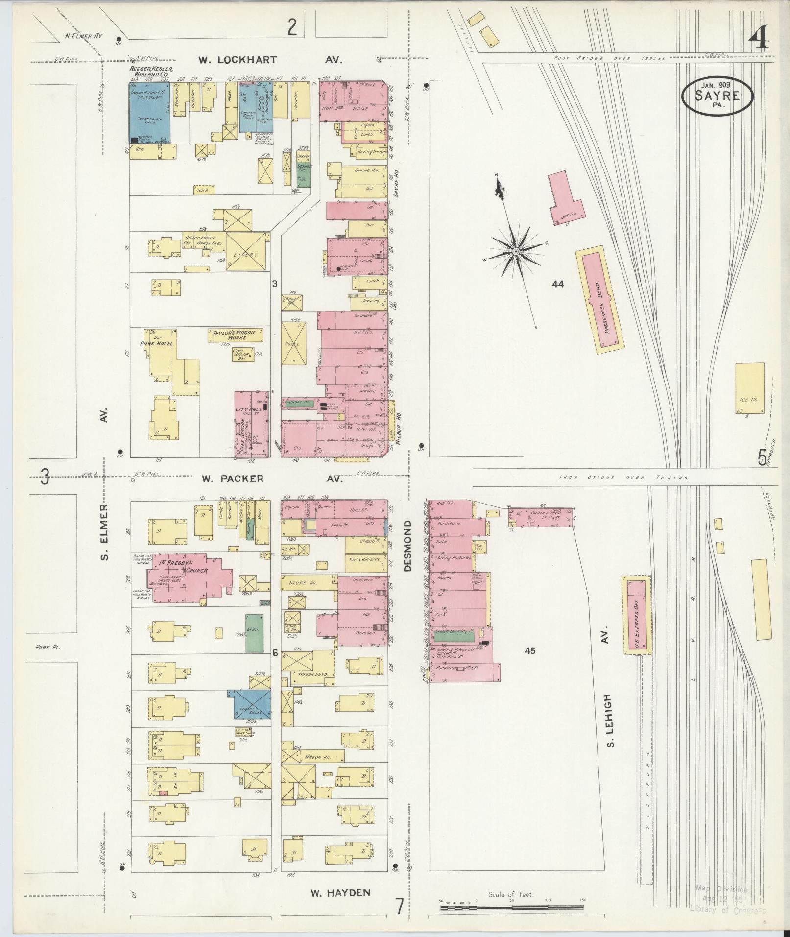 Sanborn Fire Insurance Map from Sayre, Bradford County, Pennsylvania (1909), Sheet #0004 - Complete Map Set gallery image, historic Sanborn map, vintage wall art, Pennsylvania Pennsylvania