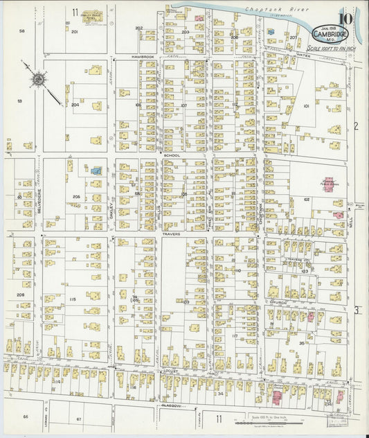 Dorchester, Maryland - 1918 - Sanborn Fire Insurance Map, Sheet #0010 - Historic Sanborn Fire Insurance Map Print, Dorchester Maryland 1918 0010 vintage old map wall art
