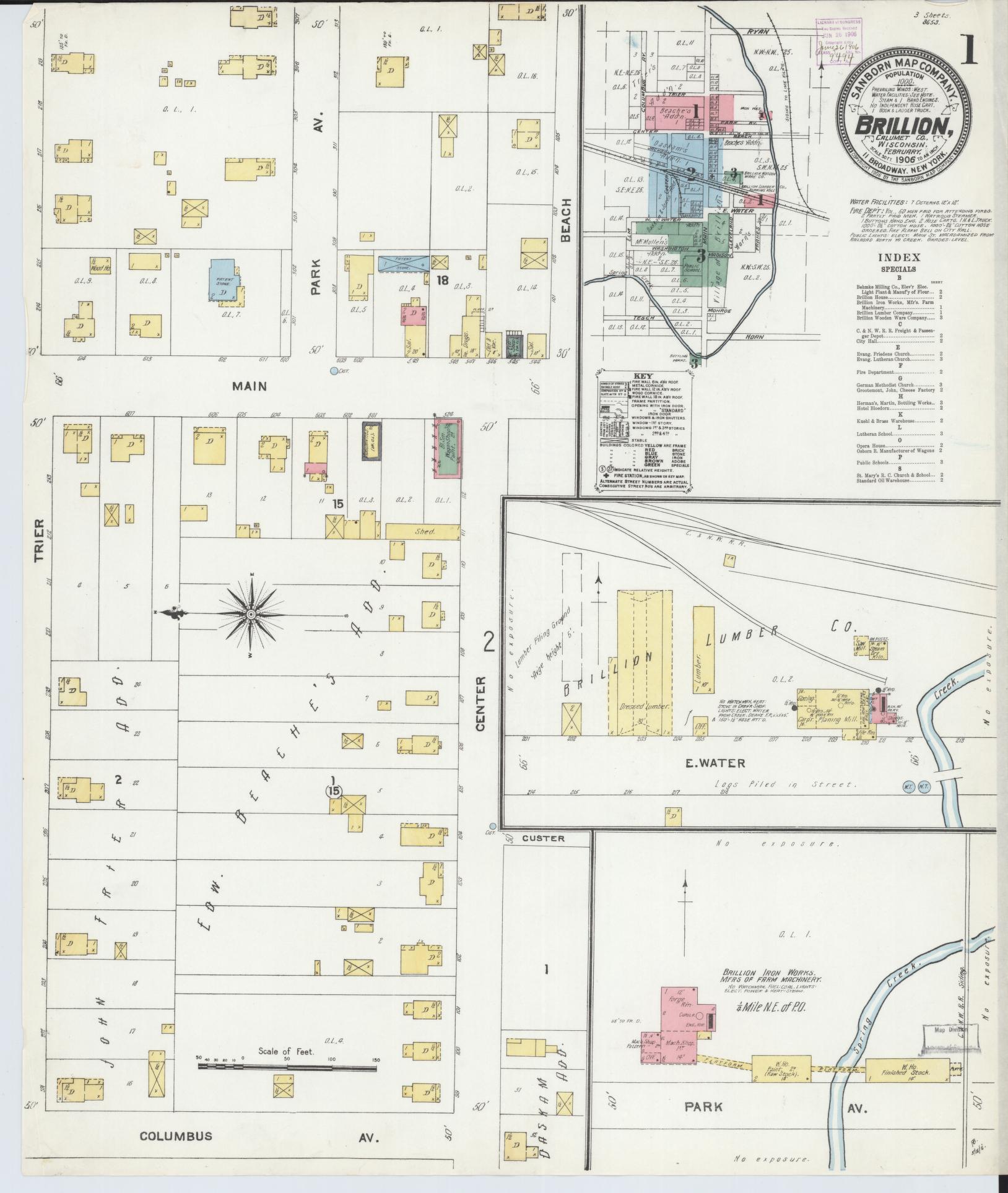 Sanborn Fire Insurance Map from Brillion, Calumet County, Wisconsin (1906), Sheet #0001 - Historic Sanborn Fire Insurance Map Print, vintage old map wall art, antique decor, genealogy gift, Wisconsin Wisconsin map