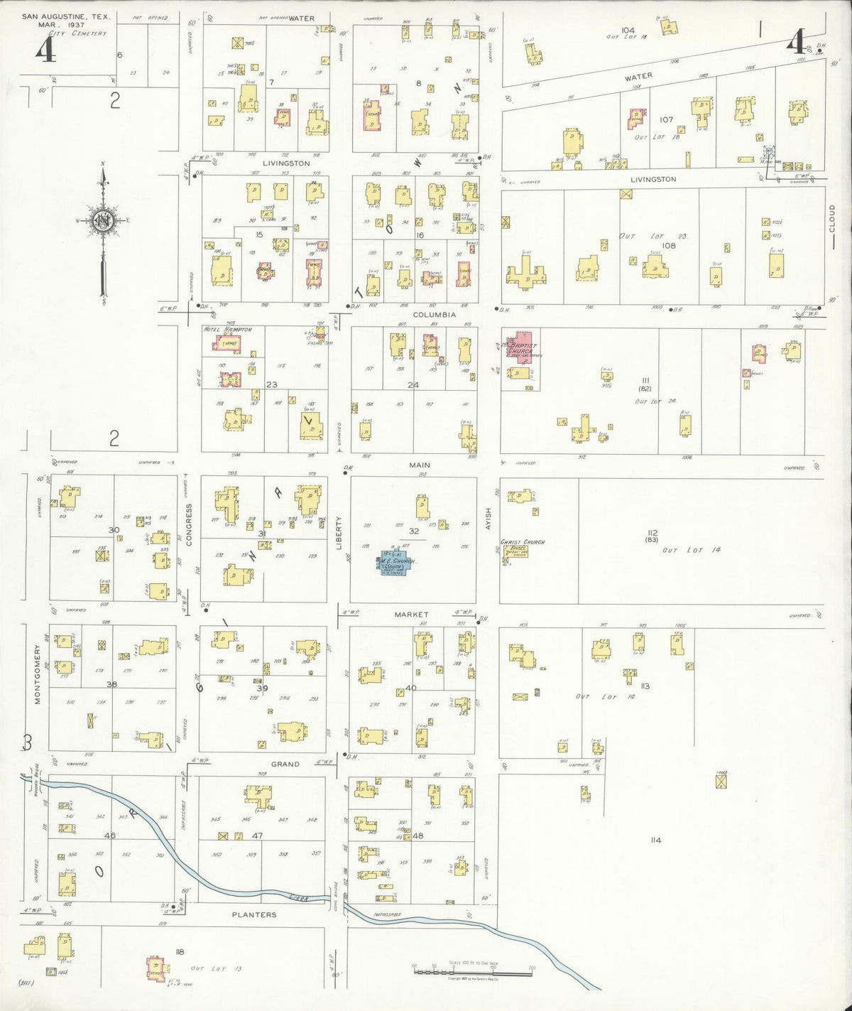 Sanborn Fire Insurance Map from San Augustine, San Augustine County, Texas (1937), Sheet #0004 - Historic Sanborn Fire Insurance Map Print, vintage old map wall art, antique decor, genealogy gift, Texas Texas map