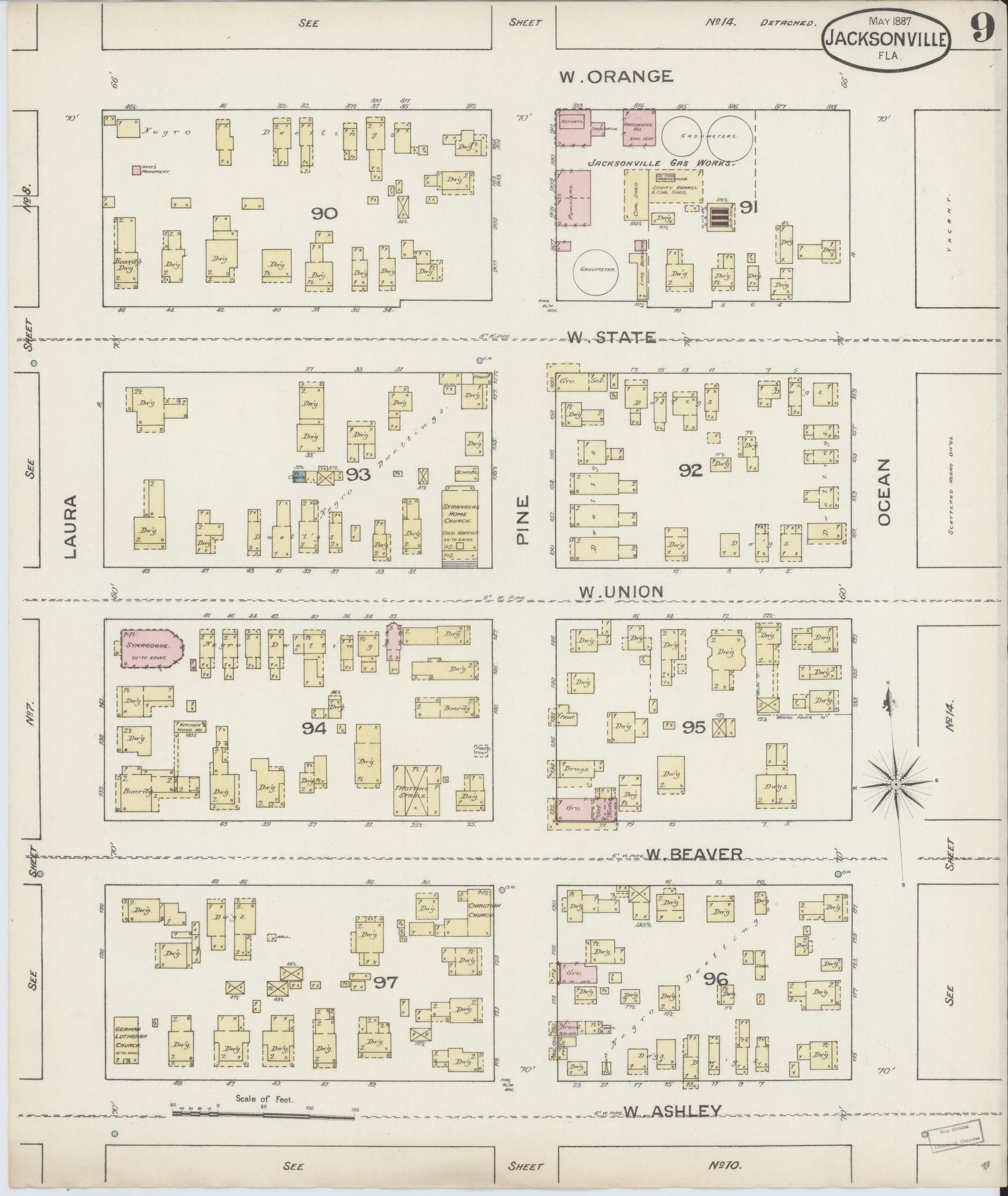 Sanborn Fire Insurance Map from Jacksonville, Duval County, Florida (1887), Sheet #0009 - Complete Map Set gallery image, historic Sanborn map, vintage wall art, Florida Florida