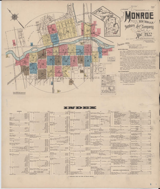 Sanborn Fire Insurance Map from Monroe, Monroe County, Michigan (1922), Sheet #0001 - Historic Sanborn Fire Insurance Map Print, vintage old map wall art, antique decor, genealogy gift, Michigan Michigan map