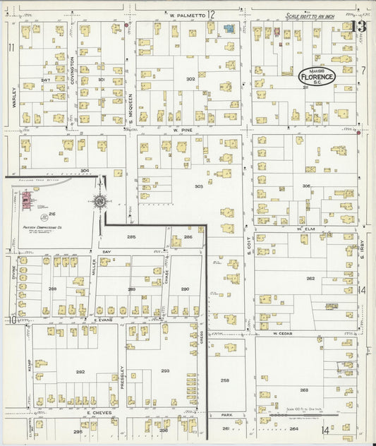 Sanborn Fire Insurance Map from Florence, Florence County, South Carolina (1918), Sheet #0013 - Historic Sanborn Fire Insurance Map Print, vintage old map wall art, antique decor, genealogy gift, South Carolina South Carolina map