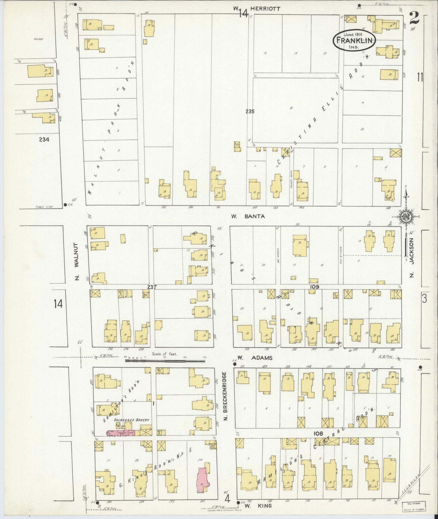 Sanborn Fire Insurance Map from Franklin, Johnson County, Indiana (1916), Sheet #0002 - Complete Map Set gallery image, historic Sanborn map, vintage wall art, Indiana Indiana