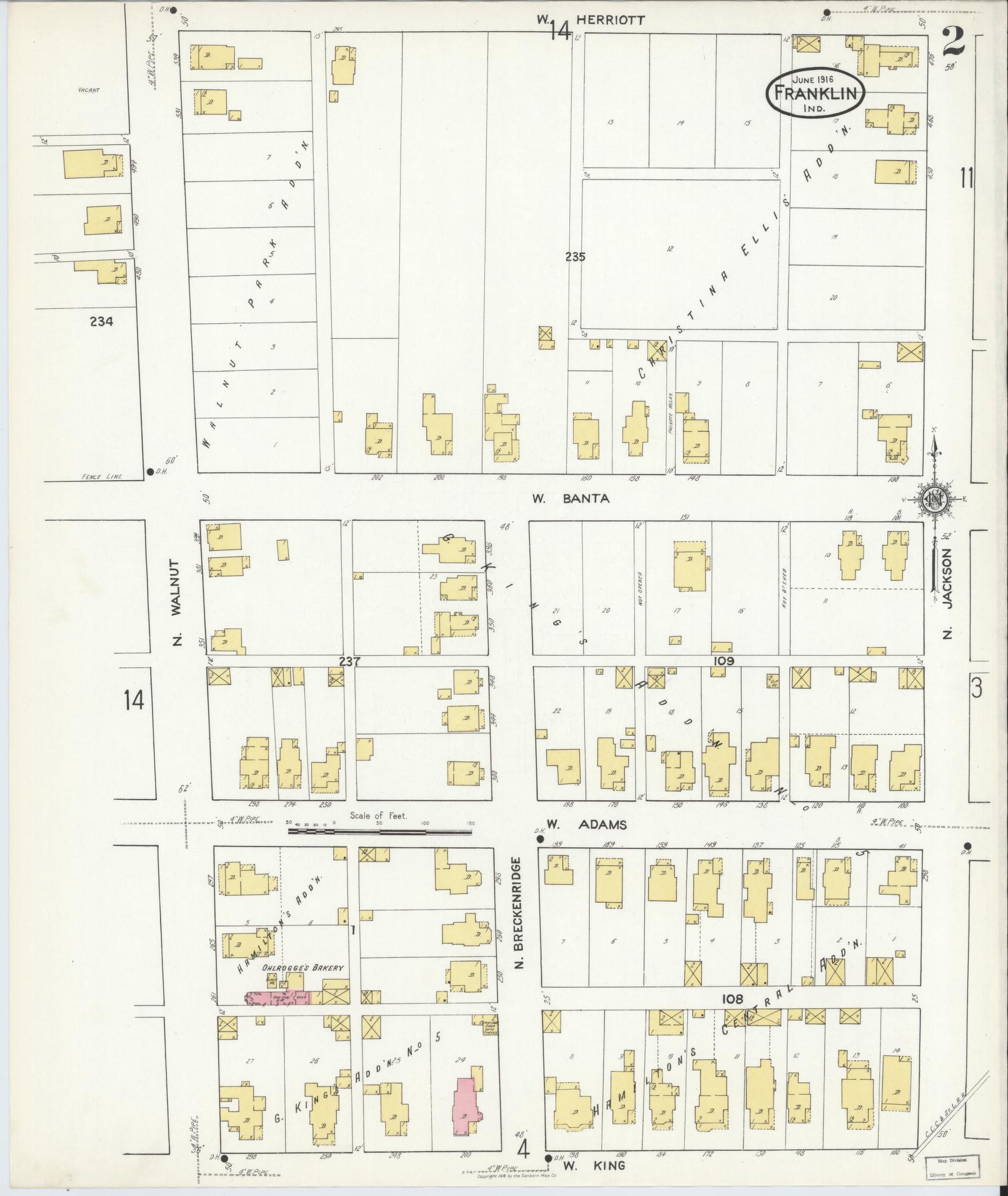 Sanborn Fire Insurance Map from Franklin, Johnson County, Indiana (1916), Sheet #0002 - Complete Map Set gallery image, historic Sanborn map, vintage wall art, Indiana Indiana