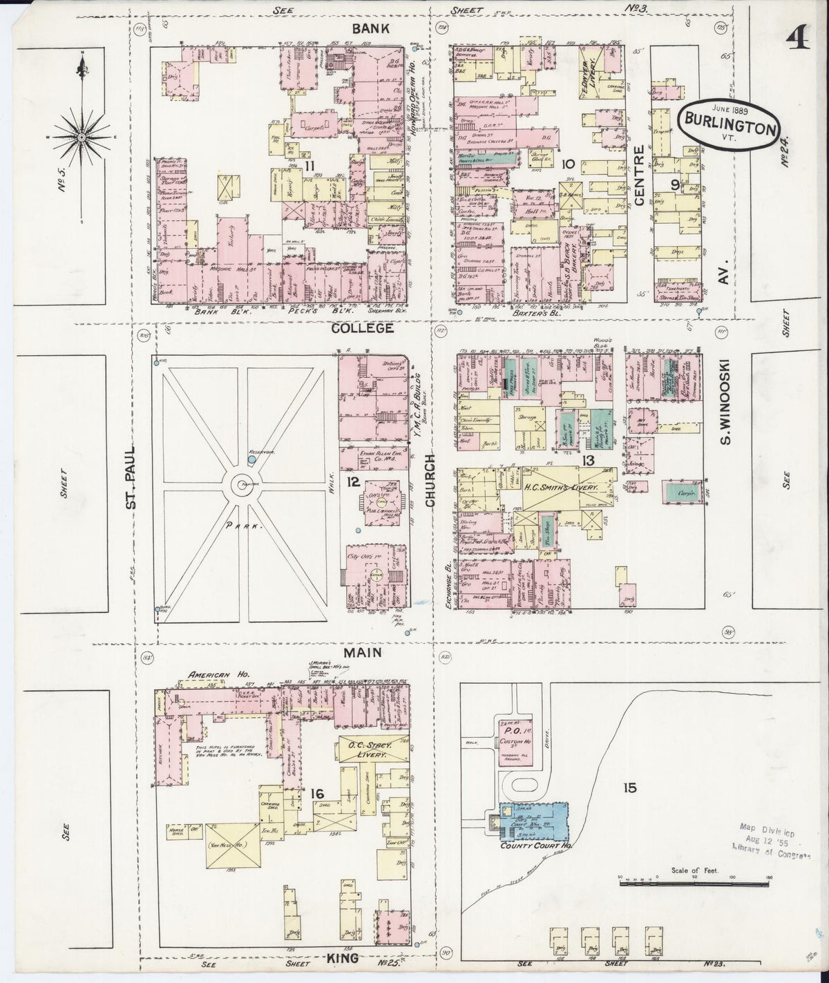 Sanborn Fire Insurance Map from Burlington, Chittenden County, Vermont (1889), Sheet #0004 - Historic Sanborn Fire Insurance Map Print, vintage old map wall art, antique decor, genealogy gift, Vermont Vermont map