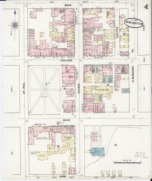 Sanborn Fire Insurance Map from Burlington, Chittenden County, Vermont (1889), Sheet #0004 - Historic Sanborn Fire Insurance Map Print, vintage old map wall art, antique decor, genealogy gift, Vermont Vermont map