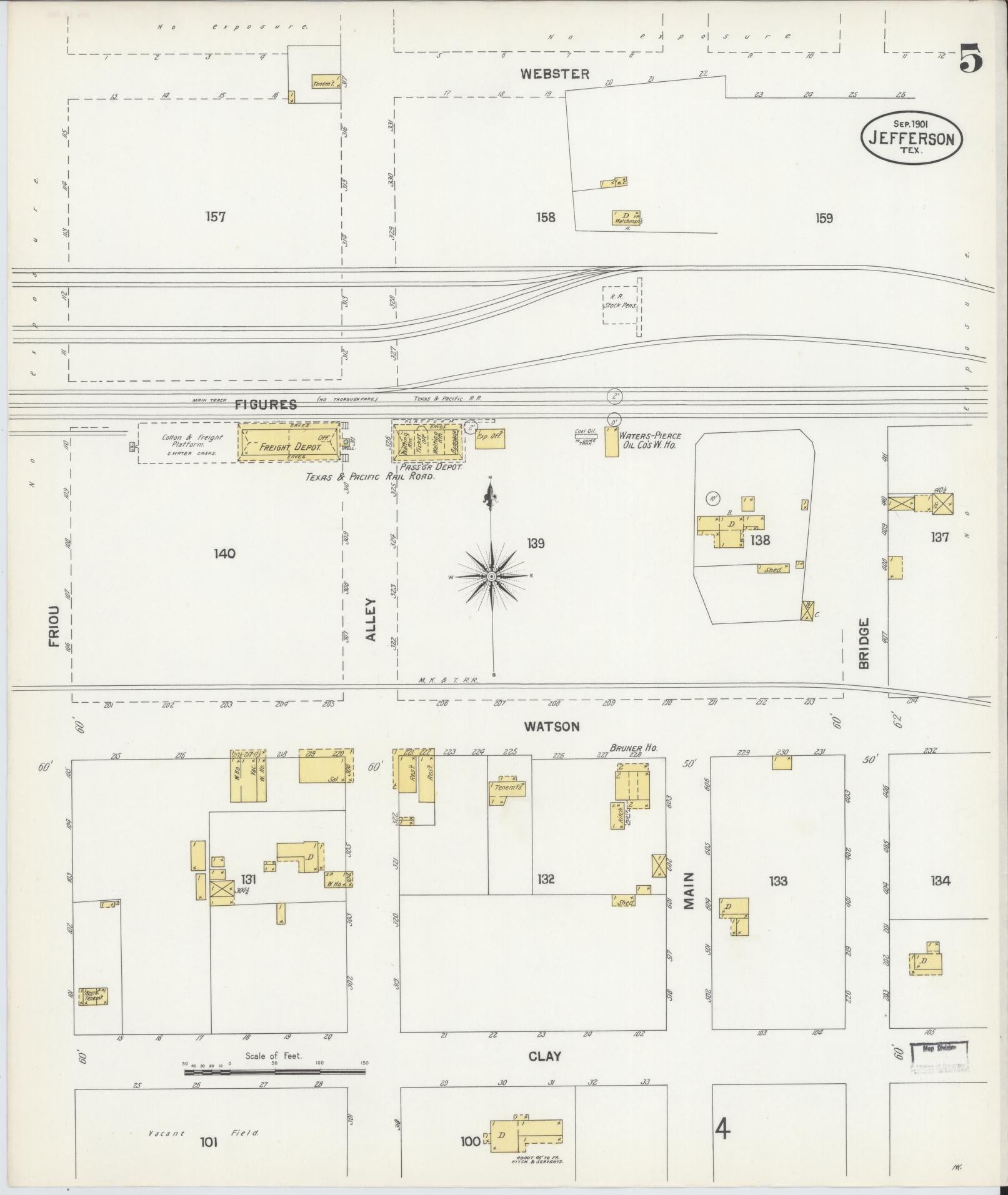 Sanborn Fire Insurance Map from Jefferson, Marion County, Texas (1901), Sheet #0005 - Historic Sanborn Fire Insurance Map Print, vintage old map wall art, antique decor, genealogy gift, Texas Texas map