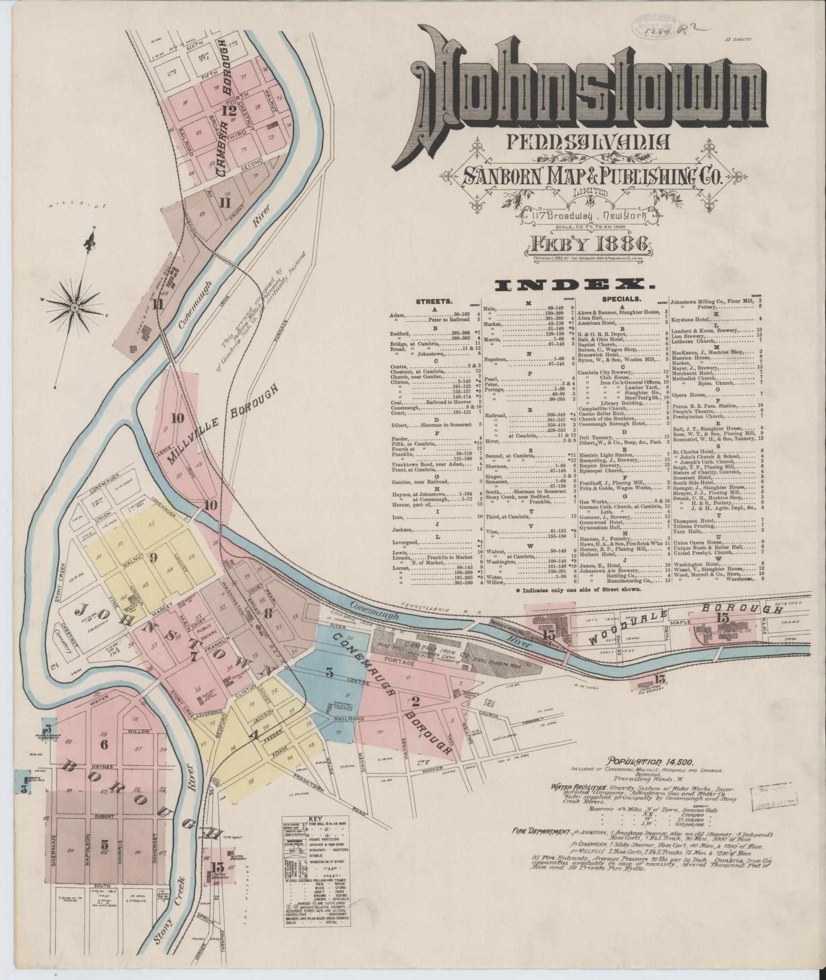 Sanborn Fire Insurance Map from Johnstown, Cambria County, Pennsylvania (1886), Sheet #0001 - Complete Map Set gallery image, historic Sanborn map, vintage wall art, Pennsylvania Pennsylvania