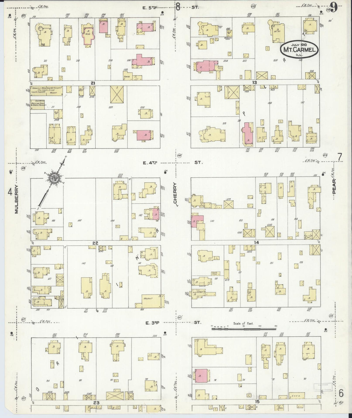 Sanborn Fire Insurance Map from Mount Carmel, Wabash County, Illinois (1910), Sheet #0009 - Complete Map Set gallery image, historic Sanborn map, vintage wall art, Illinois Illinois