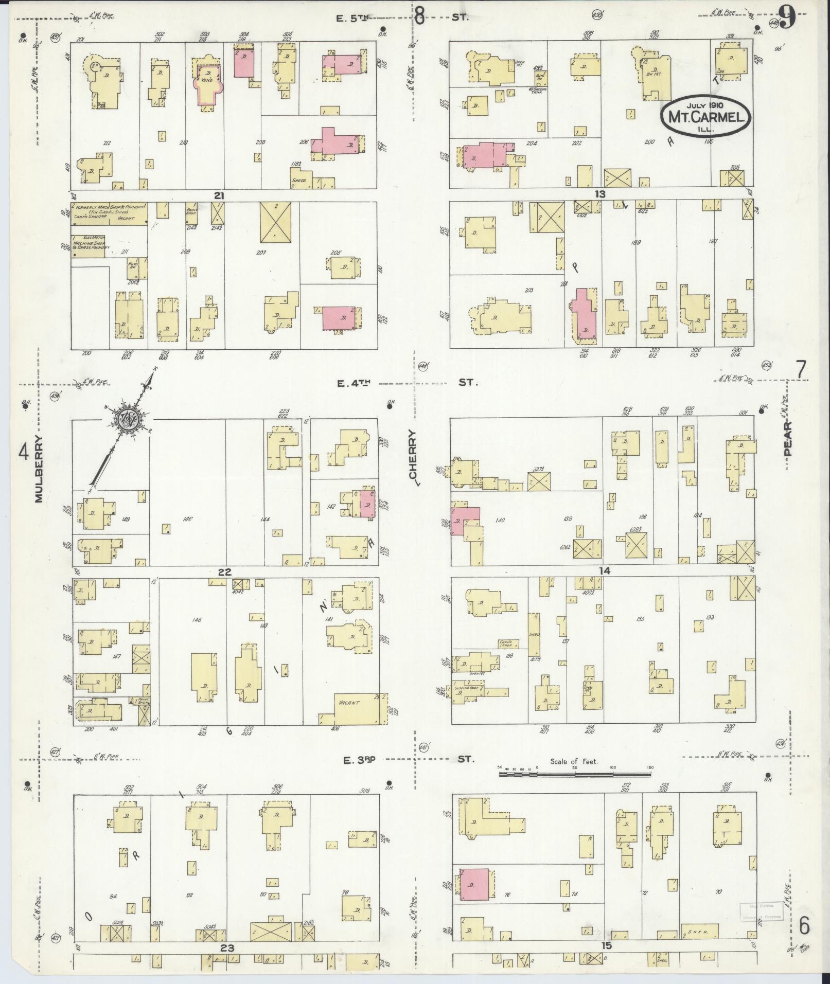 Sanborn Fire Insurance Map from Mount Carmel, Wabash County, Illinois (1910), Sheet #0009 - Complete Map Set gallery image, historic Sanborn map, vintage wall art, Illinois Illinois