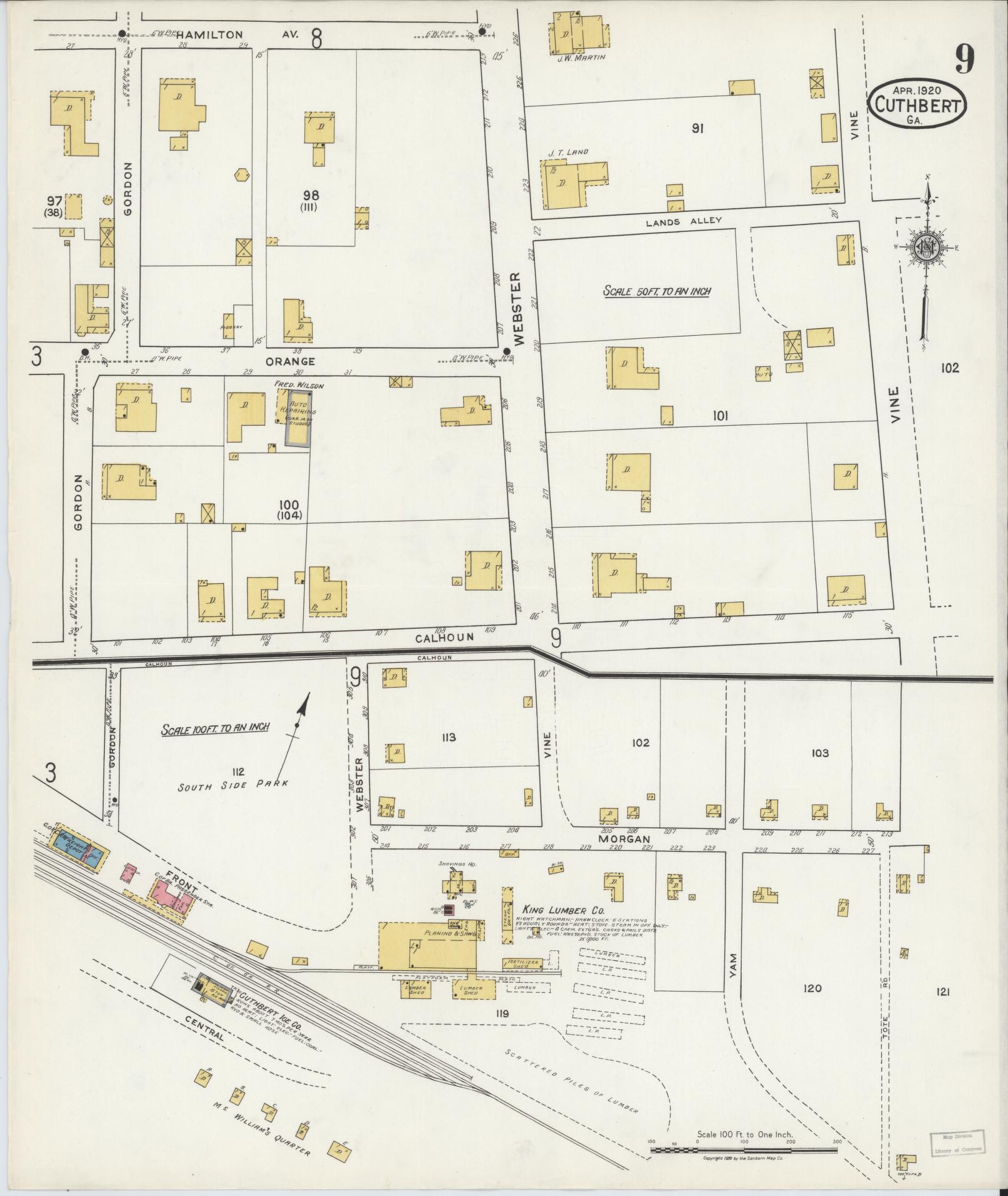 Sanborn Fire Insurance Map from Cuthbert, Randolph County, Georgia (1920), Sheet #0009 - Historic Sanborn Fire Insurance Map Print, vintage old map wall art, antique decor, genealogy gift, Georgia Georgia map