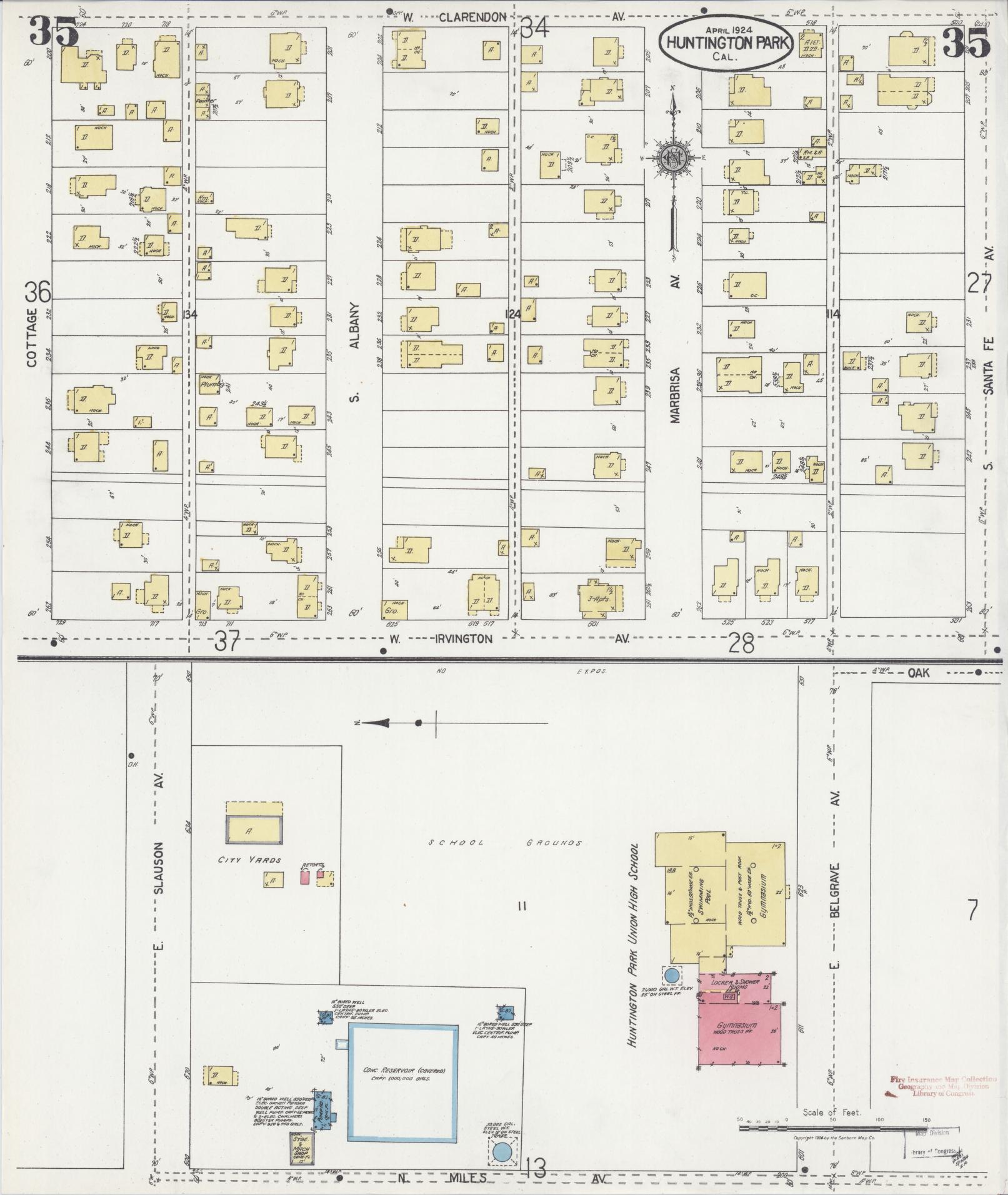 Sanborn Fire Insurance Map from Huntington Park, Los Angeles County, California (1924), Sheet #0035 - Historic Sanborn Fire Insurance Map Print, vintage old map wall art, antique decor, genealogy gift, California California map