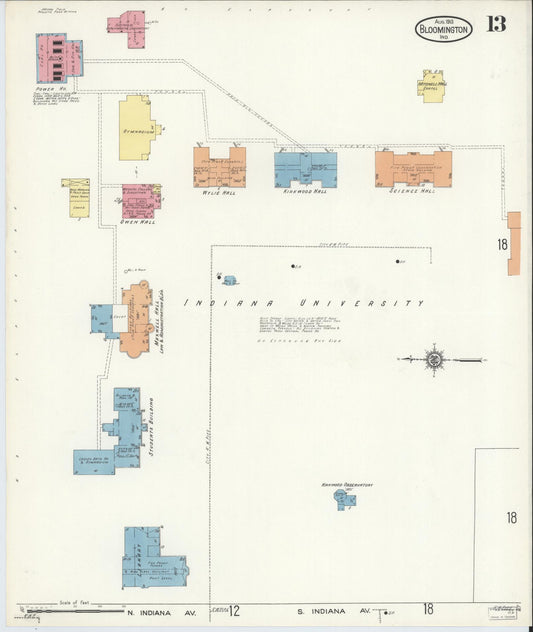 Sanborn Fire Insurance Map from Bloomington, Monroe County, Indiana (1913), Sheet #0013 - Historic Sanborn Fire Insurance Map Print, vintage old map wall art, antique decor, genealogy gift, Indiana Indiana map