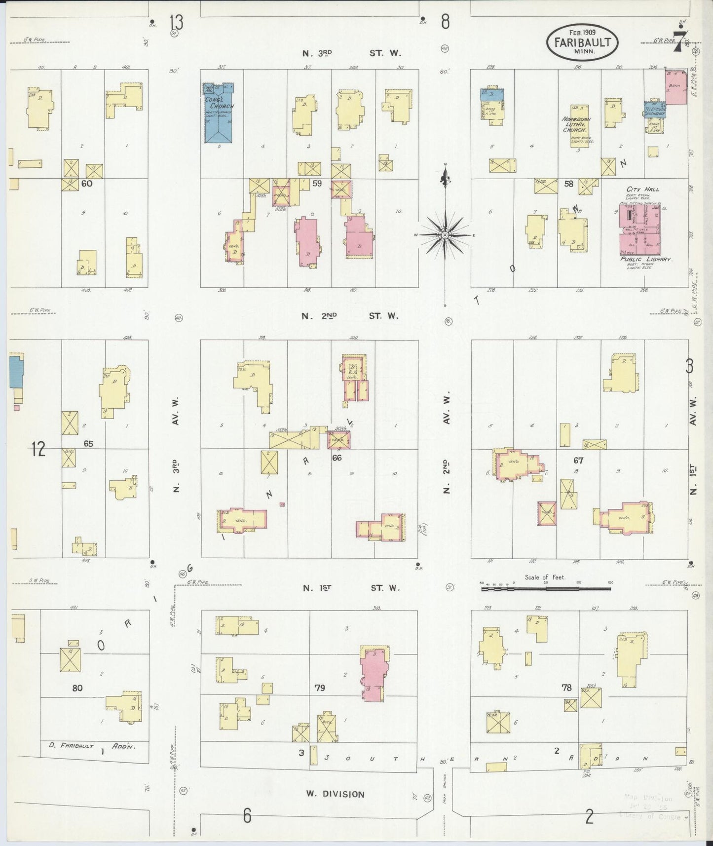 Sanborn Fire Insurance Map from Faribault, Rice County, Minnesota (1909), Sheet #0007 - Complete Map Set gallery image, historic Sanborn map, vintage wall art, Minnesota Minnesota