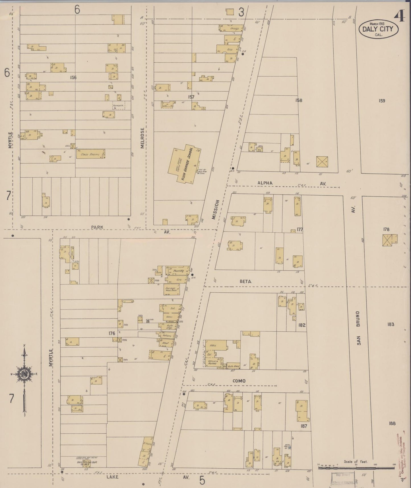 Sanborn Fire Insurance Map from Daly City, San Mateo County, California (1915), Sheet #0004 - Complete Map Set gallery image, historic Sanborn map, vintage wall art, California California