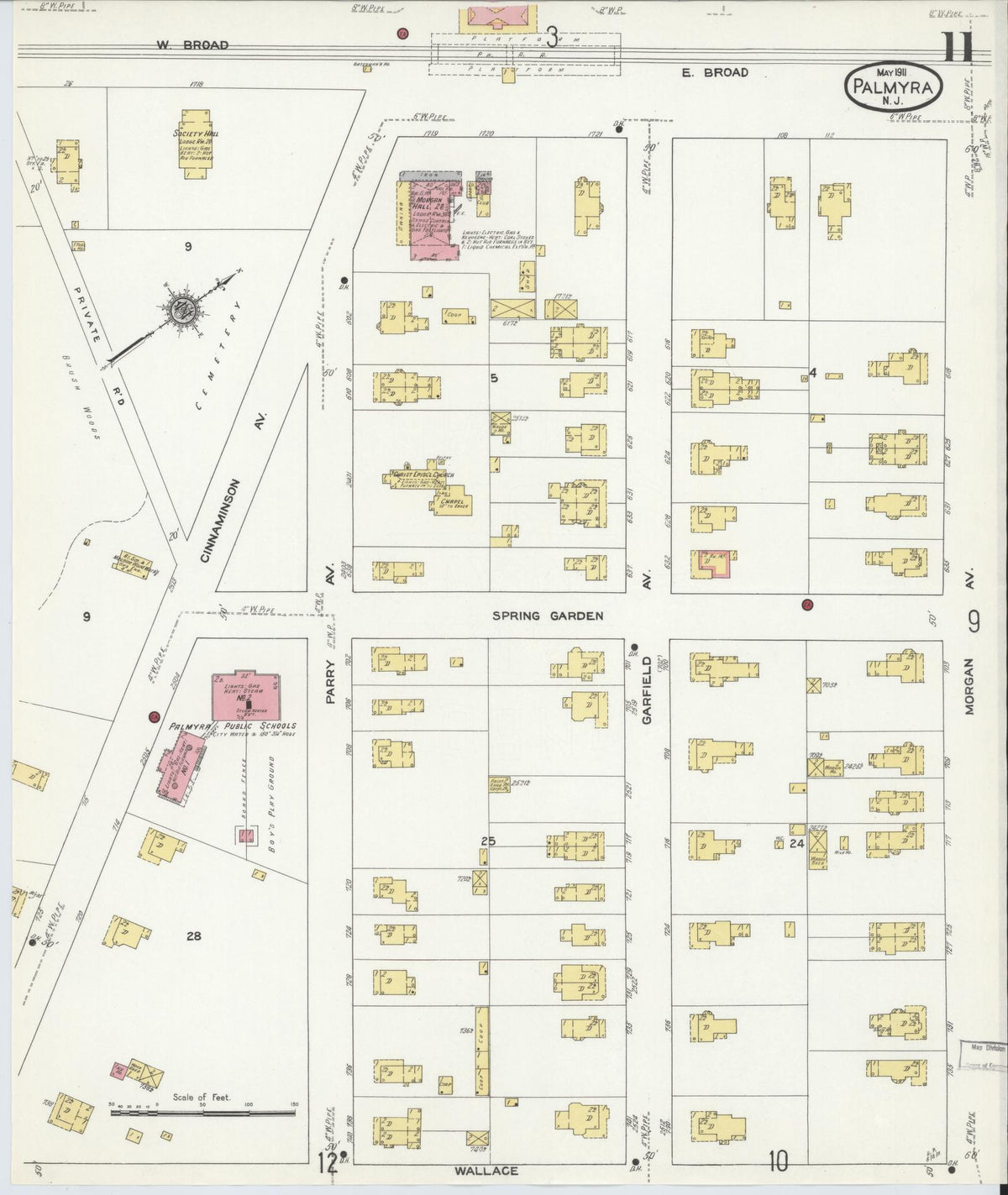 Sanborn Fire Insurance Map from Palmyra, Burlington County, New Jersey (1911), Sheet #0011 - Historic Sanborn Fire Insurance Map Print, vintage old map wall art, antique decor, genealogy gift, New Jersey New Jersey map
