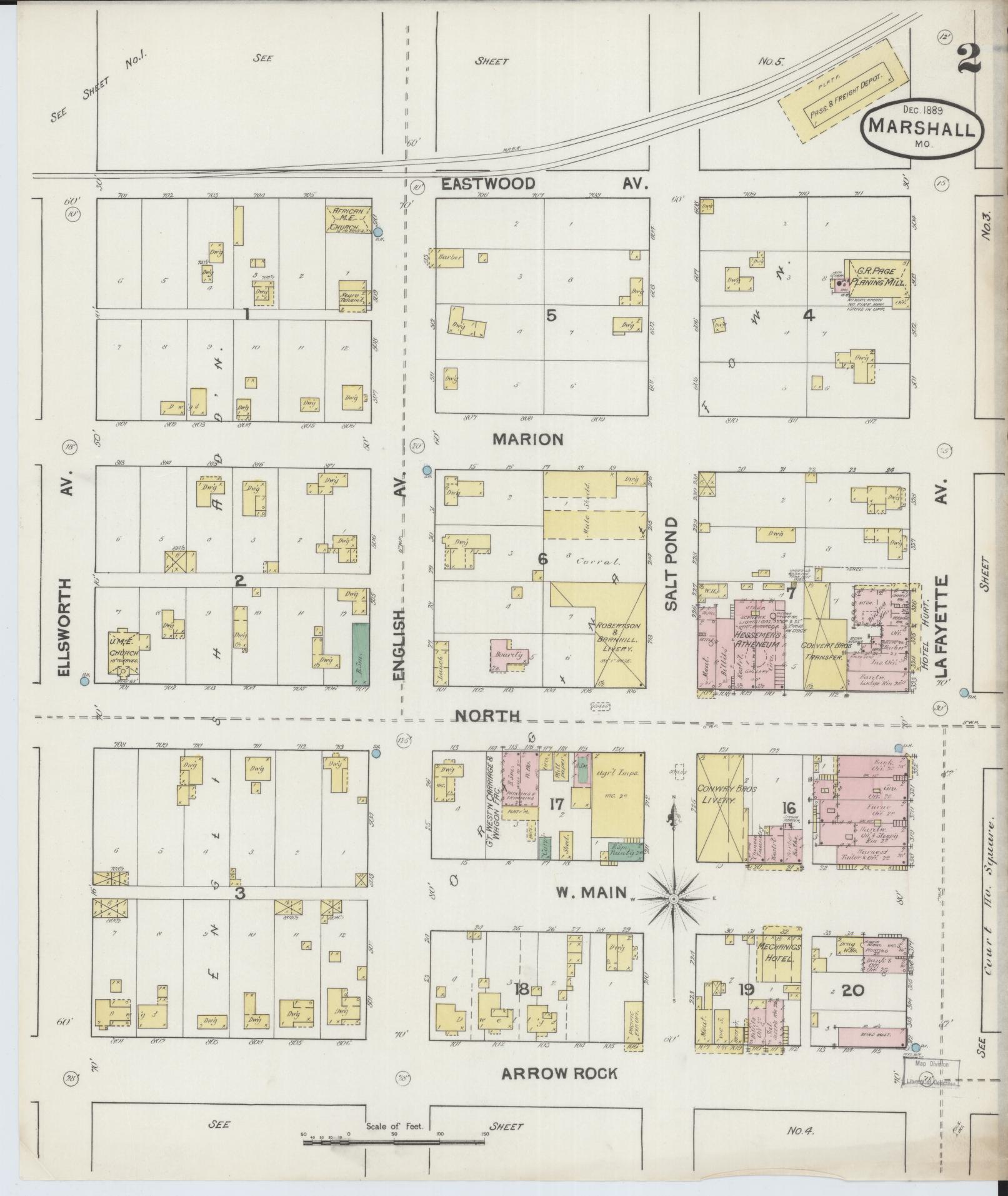 Sanborn Fire Insurance Map from Marshall, Saline County, Missouri (1889), Sheet #0002 - Historic Sanborn Fire Insurance Map Print, vintage old map wall art, antique decor, genealogy gift, Missouri Missouri map